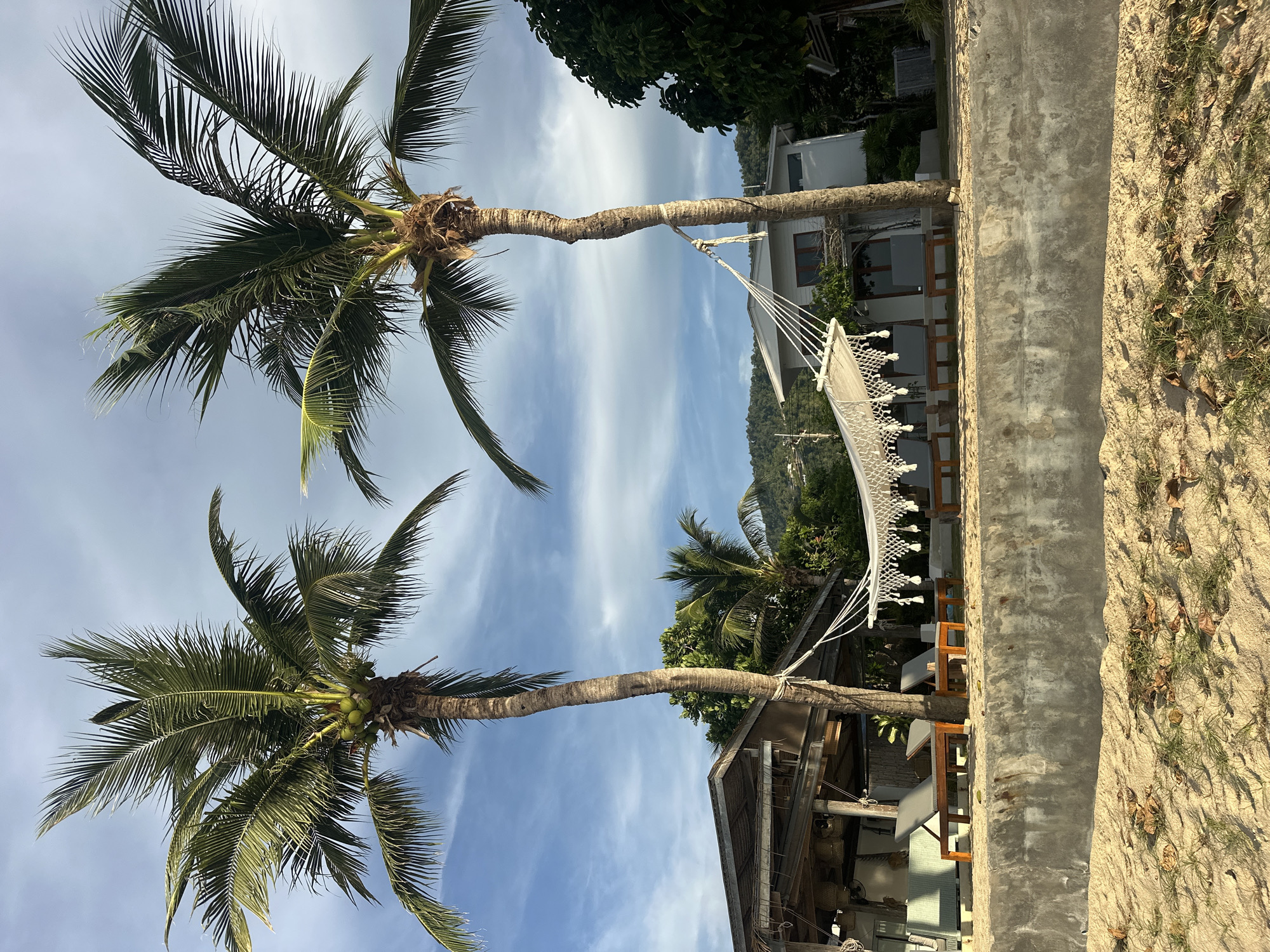 The image depicts a tropical beach scene in Baan Thong Po, Thailand. Two tall palm trees dominate the foreground, with a white, macrame hammock suspended between them. In the middle ground, a rustic open-air structure with a thatched roof houses lounge chairs. Beyond this, a modern white building with large windows is visible. The ground is covered in sand and sparse vegetation, and a low concrete wall separates the sand from the structures. The sky is partly cloudy and blue. There are no people visible in the image.