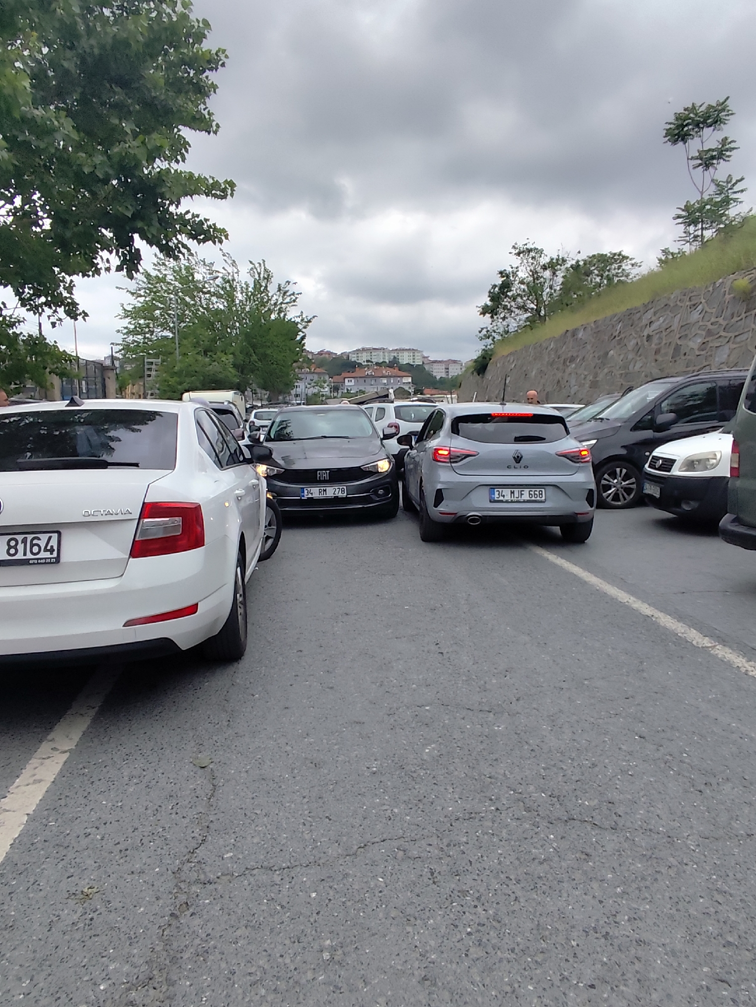The image depicts a traffic jam on a gray asphalt road. The sky is overcast. The scene is located in an unidentified city. In the foreground are several cars. A white Skoda Octavia is on the left, followed by a black Fiat, and then a gray Renault Clio. The license plate numbers are visible on each of these cars. Cars of various colors and models are queued ahead. A retaining wall with vegetation is on the right, and trees and buildings are visible in the background. A man's head can be seen between the vehicles. The overall scene indicates congested road conditions.