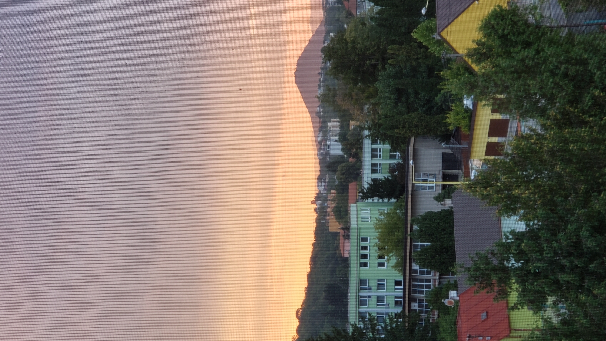 This is a medium-distance, eye-level shot of a city landscape at dusk, taken through a window screen. The sky is a gradient of soft pinks and purples, suggesting a sunset. In the middle ground, a large, light green building with multiple floors and rows of windows dominates the scene. To the right of this building, there is a lower, gray building with a single row of windows and a prominent yellow pole with a light fixture. Further in the distance, a solitary, conical mountain stands silhouetted against the sky, possibly the Šariš Castle hill. Several other buildings, varying in color and height, are scattered throughout the scene, interspersed with lush green trees. In the foreground, glimpses of red-tiled roofs and yellow walls of houses peek through the dense foliage of trees. The image captures a residential or institutional area of a city, likely Prešov, Slovakia, given the presence of the characteristic Šariš Castle hill.