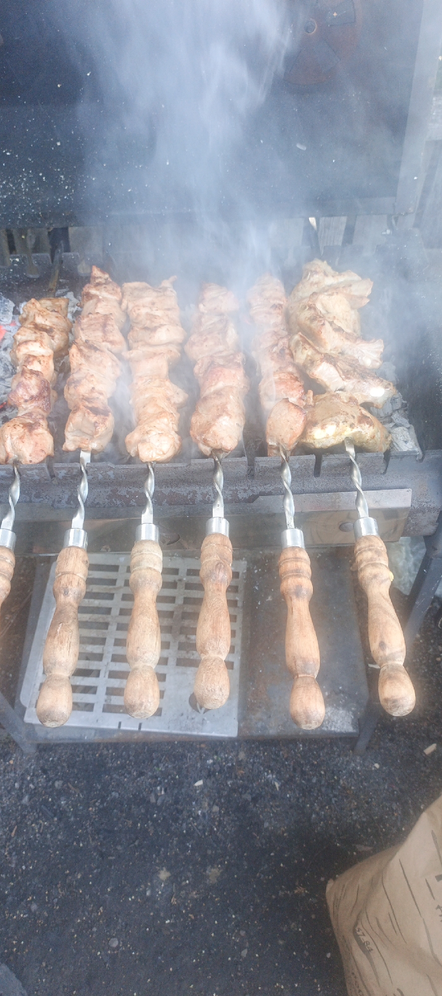 The image captures a close-up, eye-level view of several skewers of raw meat being grilled over coals. The meat, appearing to be pork or chicken, is cut into chunks and threaded onto metal skewers. Smoke billows around the skewers, obscuring some of the details of the meat and the grill itself. The skewers have wooden handles that are somewhat worn. Below the grill, a metal grate is visible, and beyond that, dark, pebbly ground. The overall lighting suggests it is daytime, possibly overcast, given the diffused light and the presence of smoke. The scene evokes a sense of outdoor cooking, perhaps a picnic or a backyard barbecue. No people are visible in the frame. There is no visible text in the image. The location context of Petukhovo, Russia, suggests a rural or suburban outdoor setting.