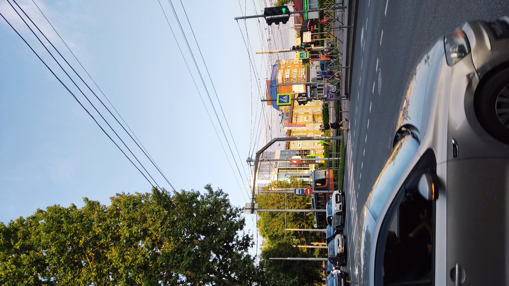 This image captures a street scene in Krasnodar, Russia, likely during the late afternoon or early evening, given the warm, low-angle sunlight casting long shadows and illuminating the buildings with a golden hue. The sky is clear and blue, suggesting fair weather.
The foreground is dominated by a silver car, partially obscuring the view of the road and the other side of the street. The car is in motion, indicated by the slight blur, and its interior is visible, with a person seated inside. Several other cars are lined up behind it on the road, also appearing to be in traffic or waiting.
On the opposite side of the street, a pedestrian is crossing the road at a marked crosswalk, signaled by a yellow diamond-shaped sign with a pedestrian icon. Traffic lights are visible, with one showing a green light. Buildings of various architectural styles line the street, some appearing to be apartment blocks with multiple stories and colorful facades, while others are modern commercial structures with large glass windows.
Several overhead power lines stretch across the frame, a common sight in urban environments. A large, leafy green tree is on the left side of the image, providing a contrast to the urban architecture.
Visible text includes signage for businesses, such as "УНИВЕРМАГ" (Department Store) and other Cyrillic lettering that is difficult to decipher due to the image resolution and angle. There are also traffic signs and bus stop indicators. The overall impression is of a typical bustling urban street in a Russian city, with everyday activities of driving, walking, and commerce taking place.