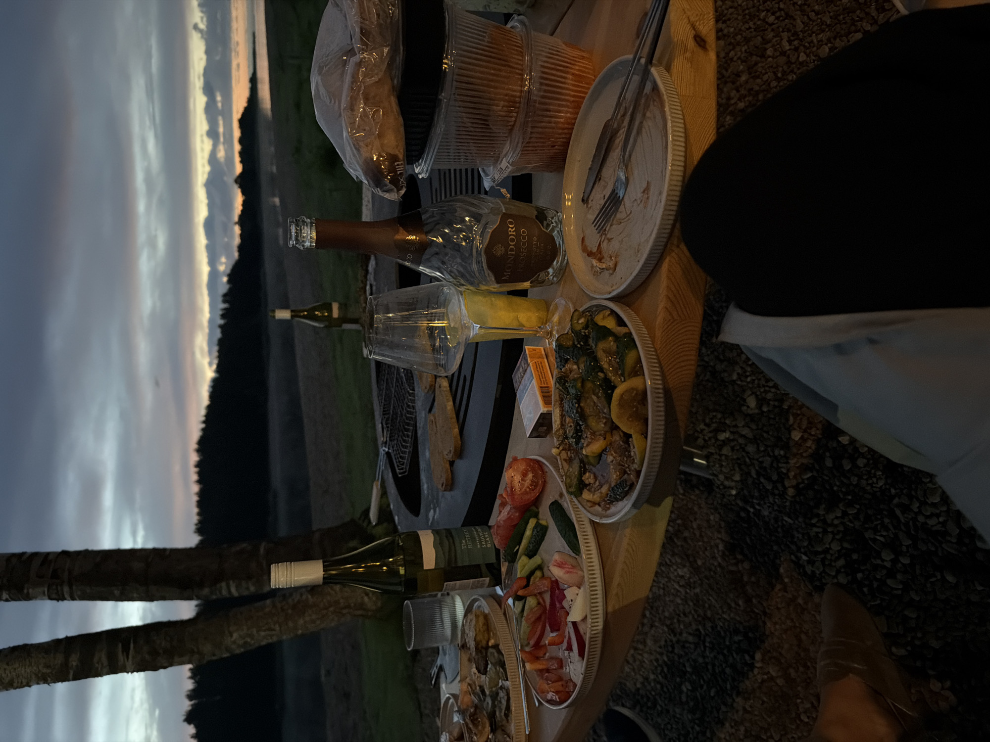 This image captures an outdoor dining scene at dusk, overlooking a body of water lined with a dark forest. The table is laden with food and drinks, including plates of oysters, sliced vegetables with tomatoes and cucumbers, a dish with zucchini and lemon, containers of food, bread in a plastic bag, a bottle of white wine, a bottle of Prosecco, and glasses. A barbecue grill is visible in the background. The setting appears to be a natural environment, possibly near Solov'evo, Russia, given the dusk lighting and the presence of trees and water. The ground is covered in gravel. A person's legs and feet are visible in the foreground, suggesting they are seated at the table. The overall impression is one of a relaxed, al fresco meal.
