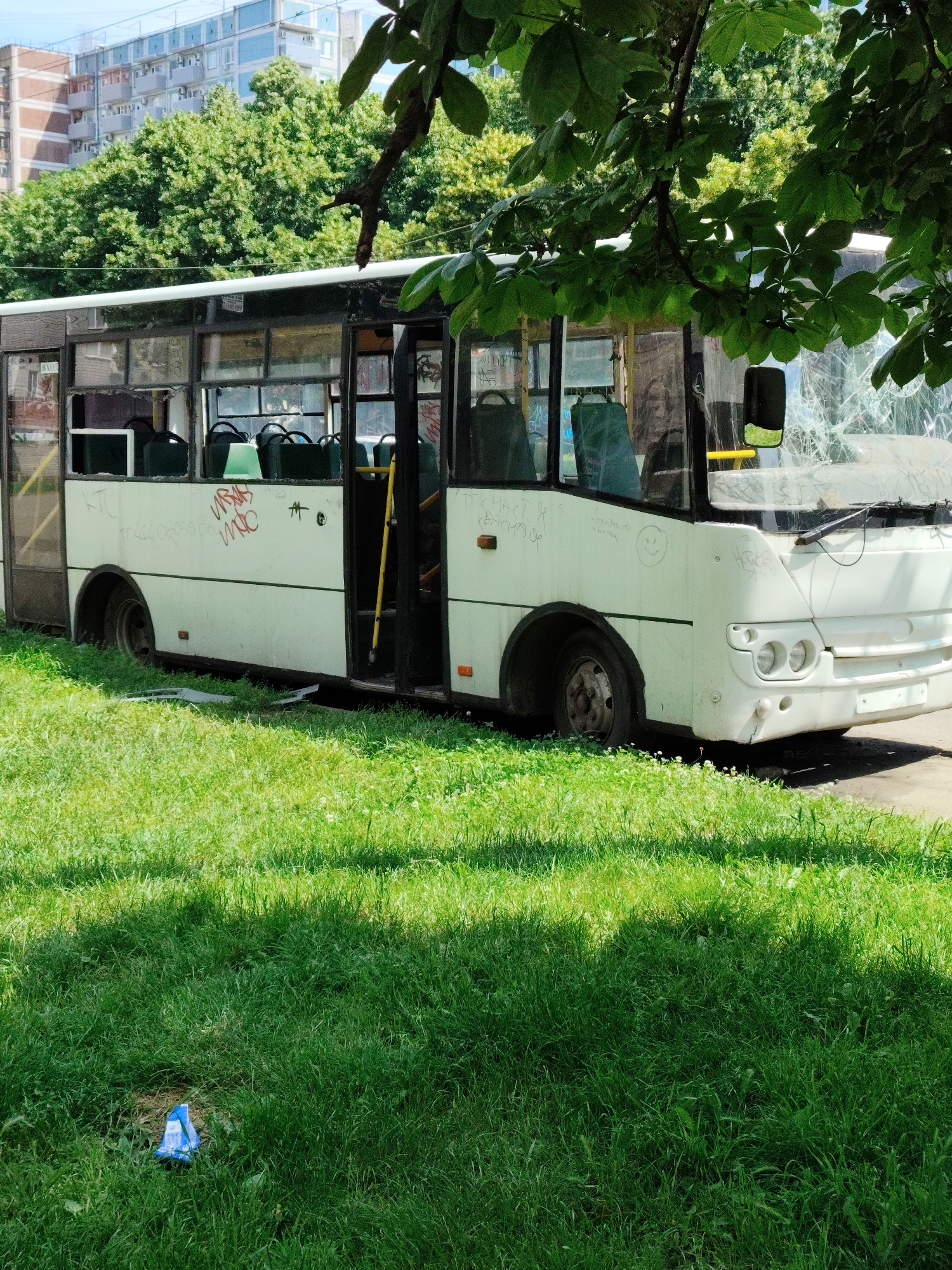 An abandoned white bus is parked on the side of a grassy area next to a paved surface. The bus is in a state of disrepair, with graffiti on its exterior and a shattered windshield. Several seats are visible through the windows, and the front door is ajar. In the background, a multi-story building and lush green trees are visible. The foreground consists of a well-maintained lawn with some shadows cast by overhead foliage. A small blue plastic object is visible on the grass in the lower left corner of the frame. The scene appears to be a public space in the city of Krasnodar, Russia, likely an urban or suburban environment. There are no people present in the image.