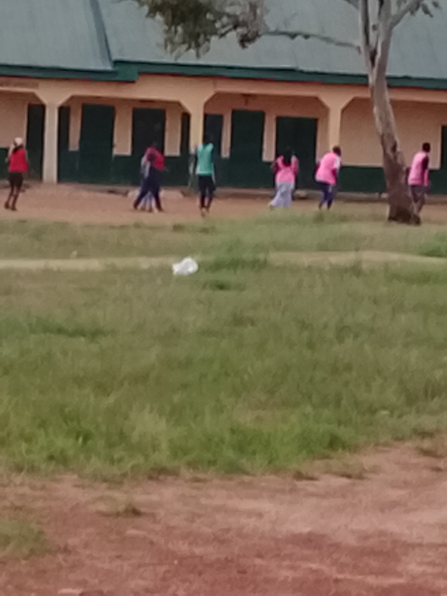 In an outdoor setting, a group of people are seen on what appears to be a field or playground in front of a building. The building has a green roof and light-colored walls with dark green doors. Several individuals are scattered across the scene, some appearing to be walking or running. Three individuals in the foreground are wearing pink tops, with two of them also wearing dark pants and one wearing a light-colored skirt. Another individual on the left wears a red top and dark pants. Further back, two individuals are seen wearing dark pants, one with a red top and the other with a light blue top. The ground is a mix of dirt and grass. A large tree stands to the right of the frame. A white plastic bag is visible on the grass in the middle ground. The overall impression is a candid shot of people engaged in activity in an educational or recreational environment.