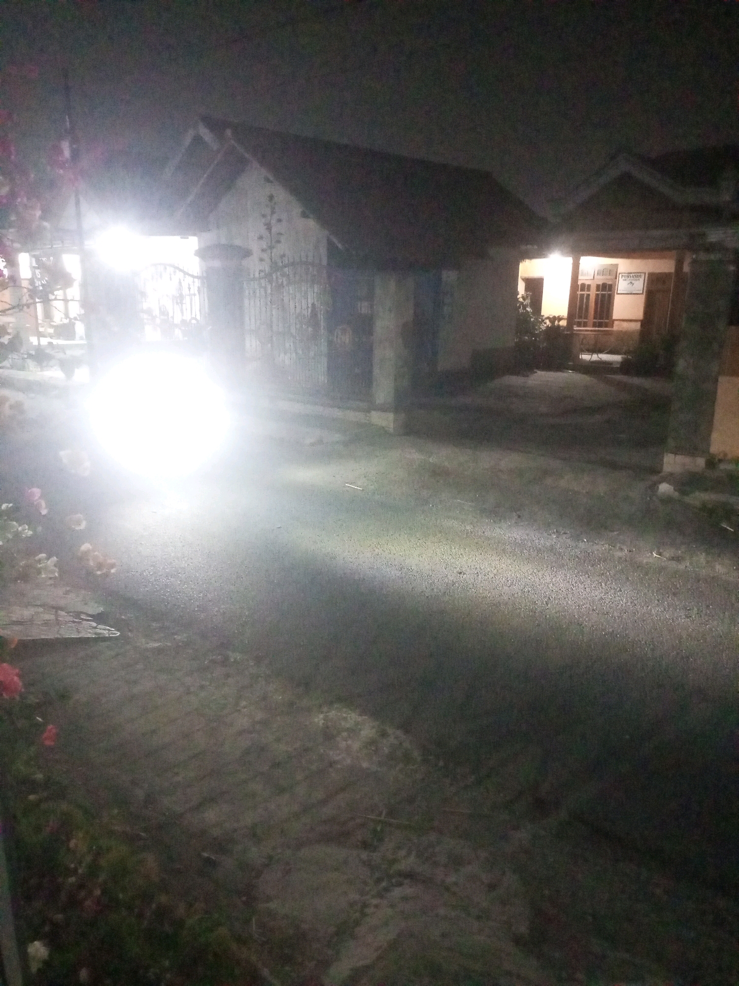 The image depicts a nighttime scene on a paved road in Ngasem, Indonesia. A very bright light, likely from a vehicle's headlights, illuminates the foreground, creating a strong glare and obscuring details of the road surface. To the left of the road, there are some flowering plants with pink and white blooms. Behind the light, a house with a pitched roof and a metal gate is visible. The house appears to have a light on inside. To the right, another house is partially visible, with a lit window and a sign that reads "POSYANDU". The overall environment is dark, typical of a residential area at night.