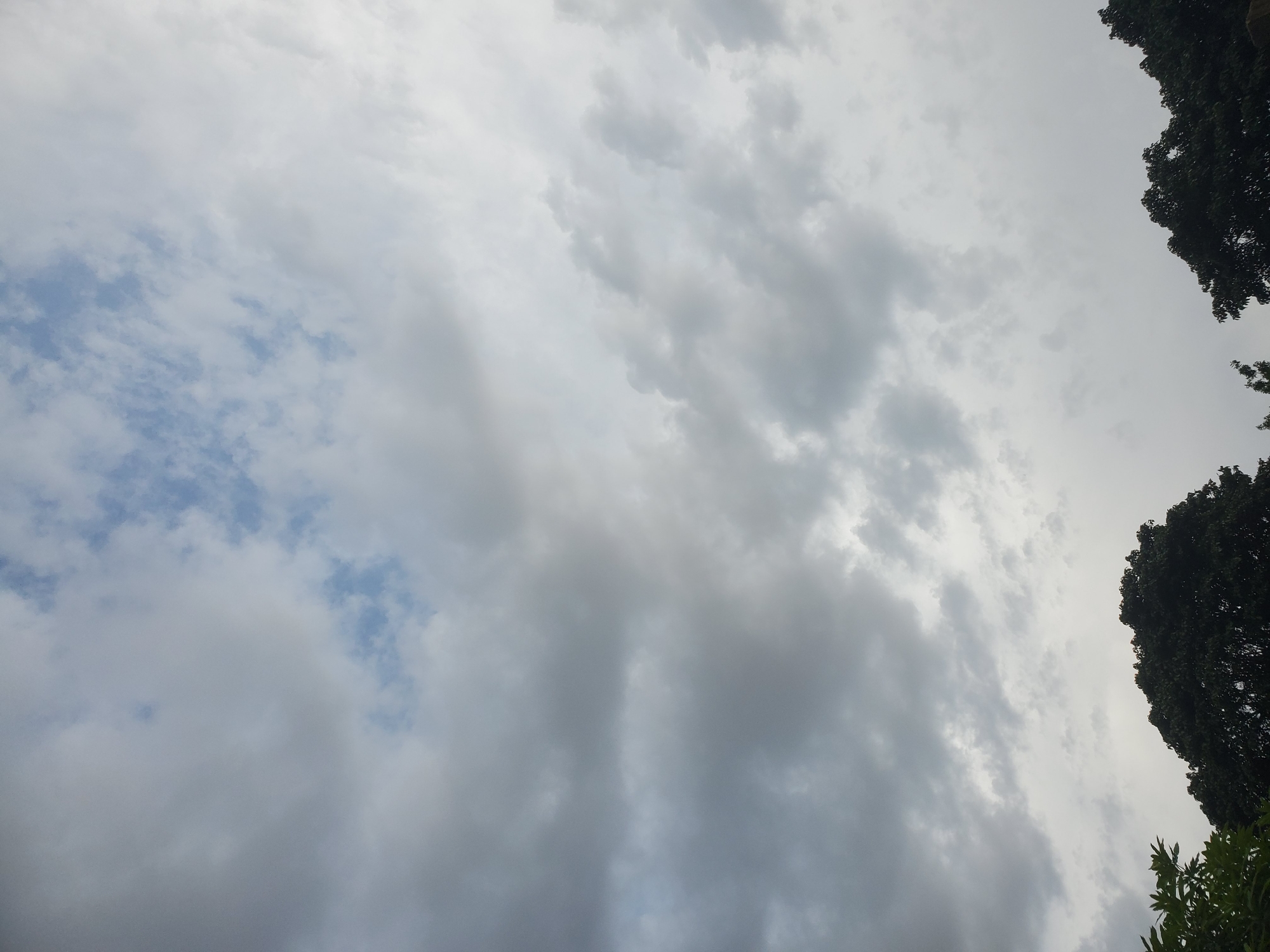 The image depicts a cloudy sky over a city. In the foreground, the dark silhouettes of trees are visible at the bottom of the frame, suggesting a natural landscape within an urban setting. The sky is filled with a mix of grey and white clouds, with patches of blue sky peeking through. The lighting indicates it might be overcast or approaching dusk. Without further information or context, the specific location in Jos, Nigeria, cannot be definitively identified from this image alone.