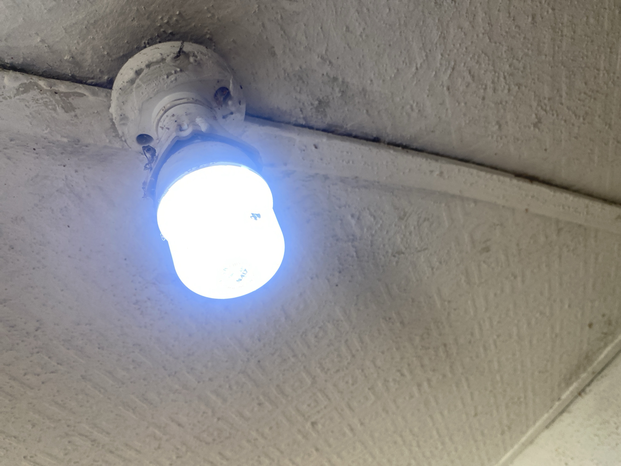 The image shows a close-up, low-angle view of a lit light bulb attached to a ceiling. The light bulb is bright white with a faint blueish hue, indicating it is likely an LED or fluorescent bulb. It is screwed into a white ceramic or plastic socket that appears to be slightly dirty or aged. The socket is mounted on a textured, rough ceiling that is painted white. The ceiling has a noticeable texture, possibly from stucco or a similar material, and appears to be part of an interior space. A thin, angled line runs across the ceiling from the top left to the bottom right, suggesting a joint or a structural element. The overall impression is of a functional, possibly older, interior lighting fixture in an unadorned setting. There is no visible text in the image. The lighting suggests it could be daytime, as the artificial light from the bulb is prominent, but the ambient light level is not clearly discernible. There are no people or other objects visible in the frame, focusing the attention solely on the light fixture and the ceiling. The scene is static and quiet.