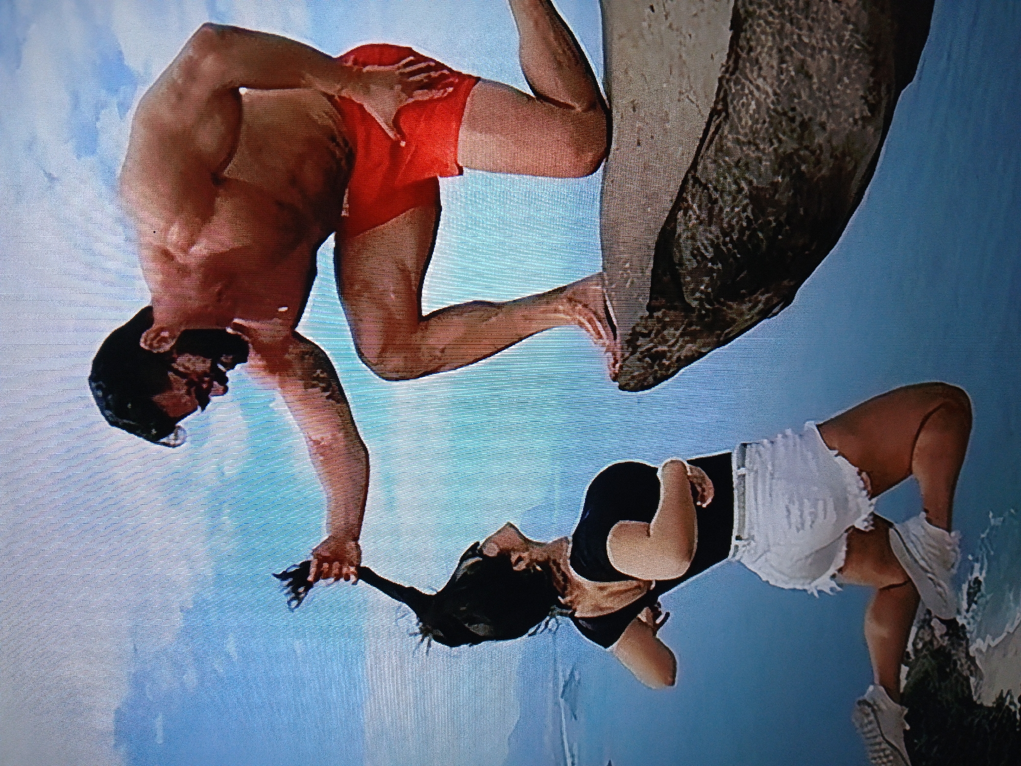 A man with a beard, wearing red shorts, kneels on a rocky ledge overlooking a body of water and distant land. He is grabbing the hair of a woman who is kneeling below him, her head tilted back. The woman is wearing a black top and white shorts. The sky is blue with some clouds. The location appears to be a scenic overlook.