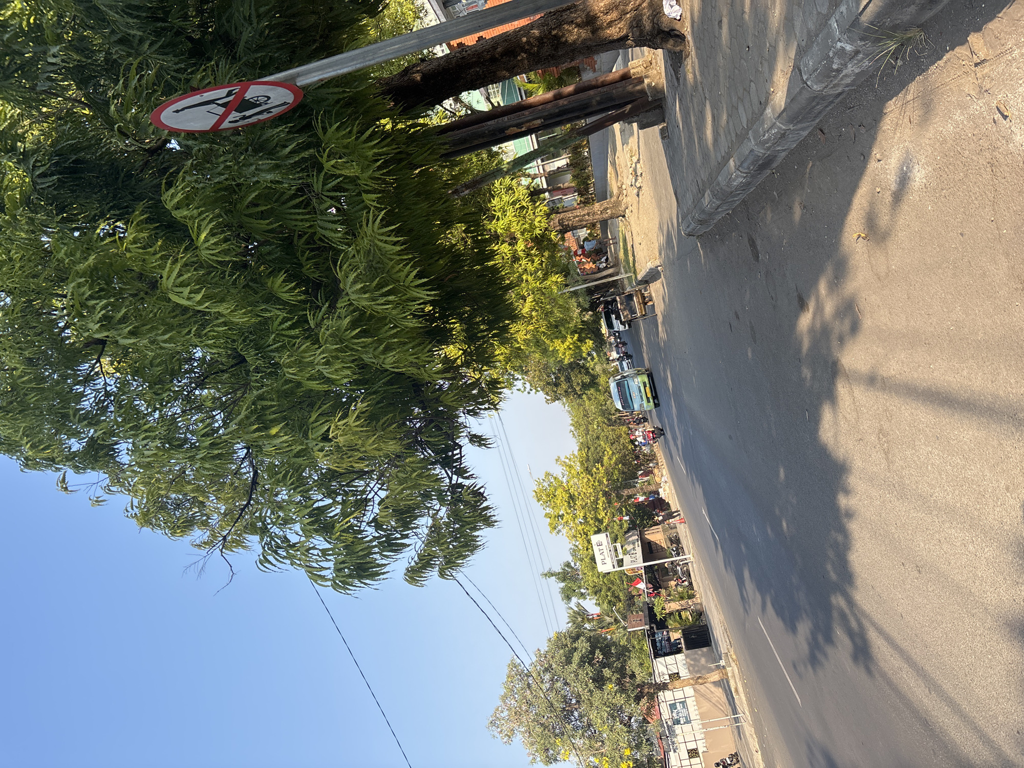 The image depicts a street scene in Cirebon, Indonesia, on a bright, sunny day. The foreground is dominated by an asphalt road casting long shadows from the trees lining the sidewalk. On the right side of the road, a sidewalk with a concrete curb is visible, with a large tree trunk partially obscuring the view. Further down the road, several trees with lush green foliage create a canopy effect.
On the left side of the road, buildings and businesses are visible, including one with a sign that reads "PLAT E". A few people can be seen walking and interacting in this area, and several motorcycles are parked. A small, light-green van is driving down the street, and further ahead, a motorcycle with a rider is also in motion.
A notable object in the scene is a red and white circular traffic sign with a black silhouette of a person pushing a cart, indicating a prohibition. The sky is clear and blue. The overall impression is a typical urban street scene with moderate activity.