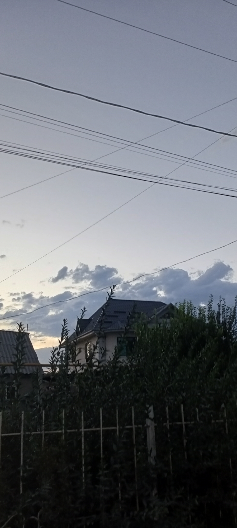 The image shows a residential scene in Romanovka, Kyrgyzstan, likely during dusk or early morning given the lighting. In the foreground, a dark metal fence runs horizontally across the frame, partially obscured by dense green foliage and bushes. Behind the fence and foliage, two houses are visible. The house on the left has a gray, angular roof. The house on the right is larger and lighter in color, with a multi-pitched dark gray roof. Several power lines crisscross the sky above the houses. The sky is a gradient of pale blue and gray, with scattered, fluffy white and gray clouds. There are no people visible in the image.