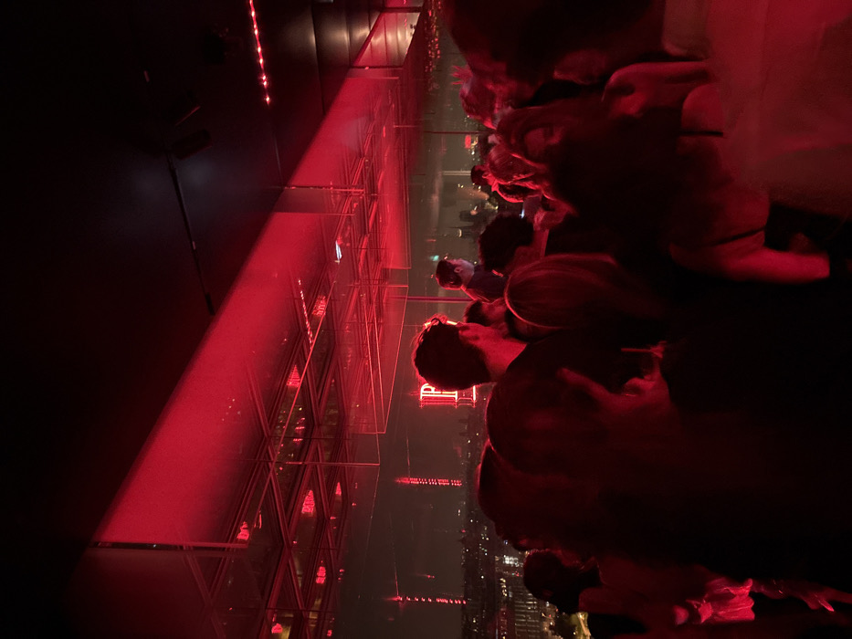 The image displays a crowded indoor space, heavily illuminated by red light, characteristic of a nightclub or rooftop bar. A large panoramic window reveals a night cityscape, confirming the location as Paris, France, by the distinct, intermittently flashing red lights of the Eiffel Tower visible in the distance on the left. Closer to the foreground, outside the window, a prominent red neon sign displaying the letter "P" is visible.
Numerous individuals, estimated between twenty and thirty, populate the foreground and midground, mostly seen from the back or side. They are adults, standing close together, with their forms largely silhouetted against the ambient red light. Specific facial features, actions, or direct interactions are indistinct due to the low light and distance. The ceiling above features a grid of reflective panels, likely mirrors, which intensify and reflect the red lighting throughout the room. The overall scene conveys a bustling social gathering with a prominent urban backdrop at night.