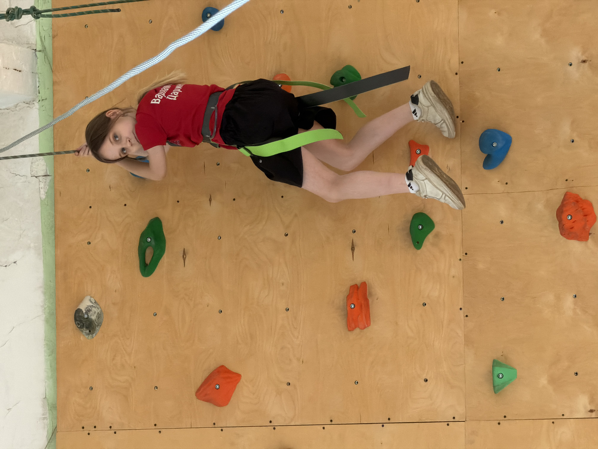 An indoor climbing scene in Izhevsk, Russia, features a young girl suspended horizontally on a light wood climbing wall. The girl, with light brown hair, wears a red t-shirt, black shorts, a grey and neon green climbing harness, and white sneakers with black-striped socks. Her body is parallel to the ground, with her head towards the left of the frame and feet to the right. She looks directly at the viewer with a calm, focused expression.
The climbing wall is constructed from multiple panels of light-colored plywood, featuring various colorful holds in green, orange, blue, and a marbled grey/black. A white safety rope with blue flecks extends diagonally from the top-left, indicating she is secured during the activity. On the back of her red t-shirt, Cyrillic text is visible, reading "Варвара" (Varvara) and "Дарина" (Darina). A black strap or belt is also seen near her harness. The setting appears to be an indoor facility, possibly a children's climbing gym, with a cracked white wall visible on the far left, suggesting an older building. The lighting is even, typical of an indoor environment.
