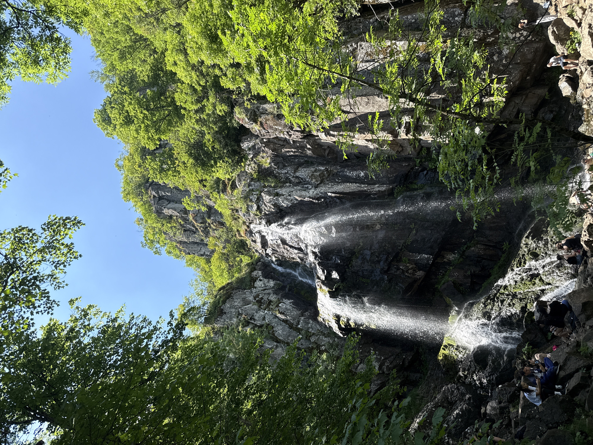 This is a vertical, full-shot, outdoor, daytime photograph of the Boyana Waterfall in Vitosha Mountain, near Sofia, Bulgaria. The waterfall cascades down a steep, rocky cliff face covered in moss and vegetation. Lush green trees frame the scene, with their leaves dappled by sunlight. In the foreground, a group of people are seated on large rocks at the base of the waterfall, some looking at their phones. Another person stands on a rock to the right. The sky is a clear, bright blue. The overall impression is one of natural beauty and a popular tourist destination.