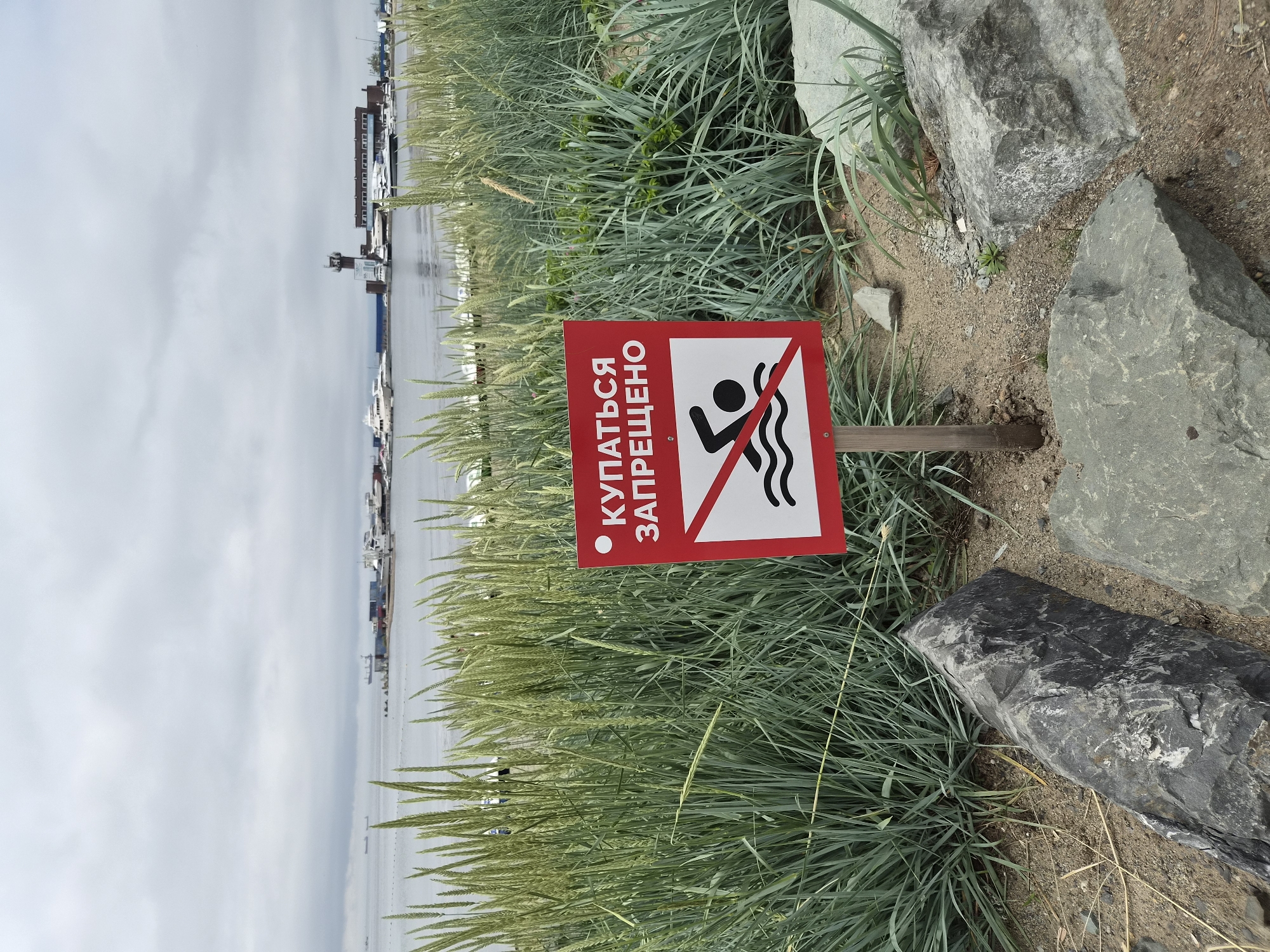 The image depicts a red and white rectangular sign with the text "КУПАТЬСЯ ЗАПРЕЩЕНО" (Swimming is prohibited) in Russian and a pictogram of a swimmer with a diagonal line through it, indicating prohibition. The sign is mounted on a wooden pole in a sandy area with sparse green vegetation and large rocks. In the background, there is a body of water, possibly a bay or harbor, with several boats and ships anchored or docked. A long building with a tower is visible on the far shore, which appears to be part of a port facility in Vladivostok, Russia. The sky is overcast.