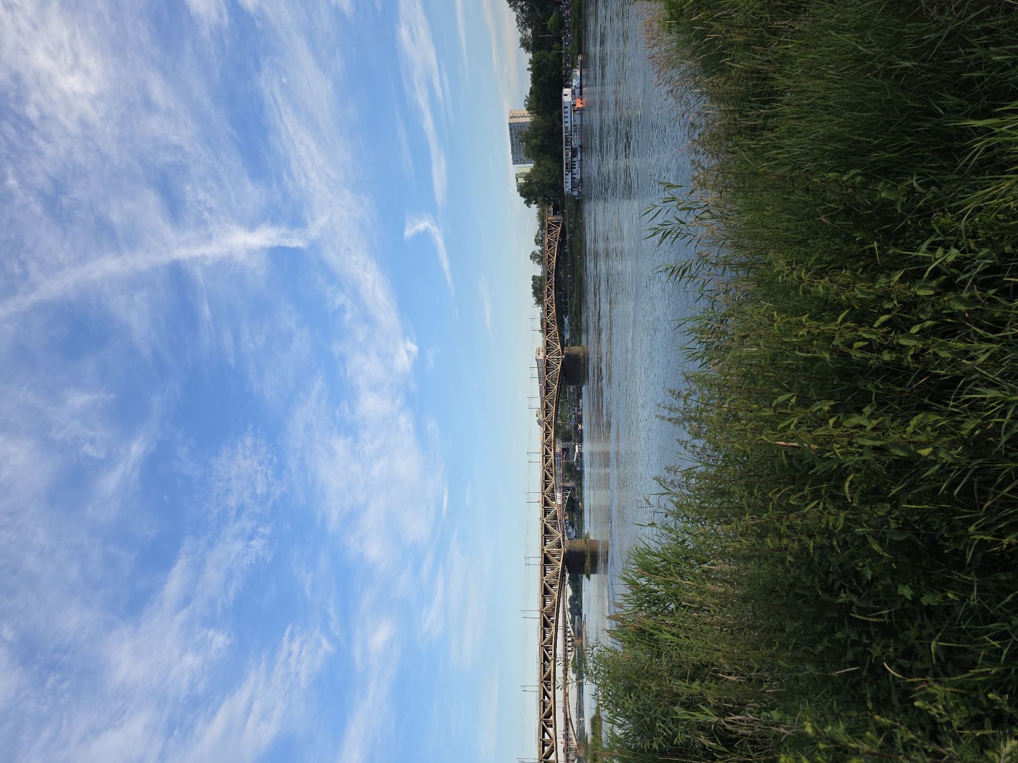 The image depicts a view of the Vistula River in Warsaw, Poland, under a clear blue sky with wispy white clouds. The orientation of the image is vertical.
The primary subjects are the river, a long metal bridge spanning across it, and the lush green vegetation along the riverbank. On the far side of the river, there are buildings and trees, suggesting an urban or semi-urban setting. A white boat with orange lights is visible on the water. The bridge appears to be a railway bridge, indicated by the tracks and overhead wires.
The scene suggests a peaceful daytime setting, likely late afternoon or early evening given the warm light on the bridge. The weather appears pleasant, with a clear sky and calm water. There are no visible people in the immediate foreground, but there are hints of activity on the far bank.
Notable details include the intricate latticework of the bridge structure and the dense green foliage, which contrasts with the blue of the sky and water. The reflections on the water are subtle. No text is visible in the image.