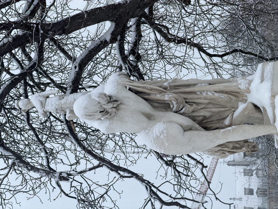 A snow-covered statue of a reclining nude figure is framed by barren tree branches. The sculpture, possibly female, is draped with cloth, partly obscured by snow. The background shows buildings in a soft focus, also dusted with snow. A construction crane is vaguely visible. The sky is overcast, contributing to the cold, wintery ambiance. The image is taken from a low angle.