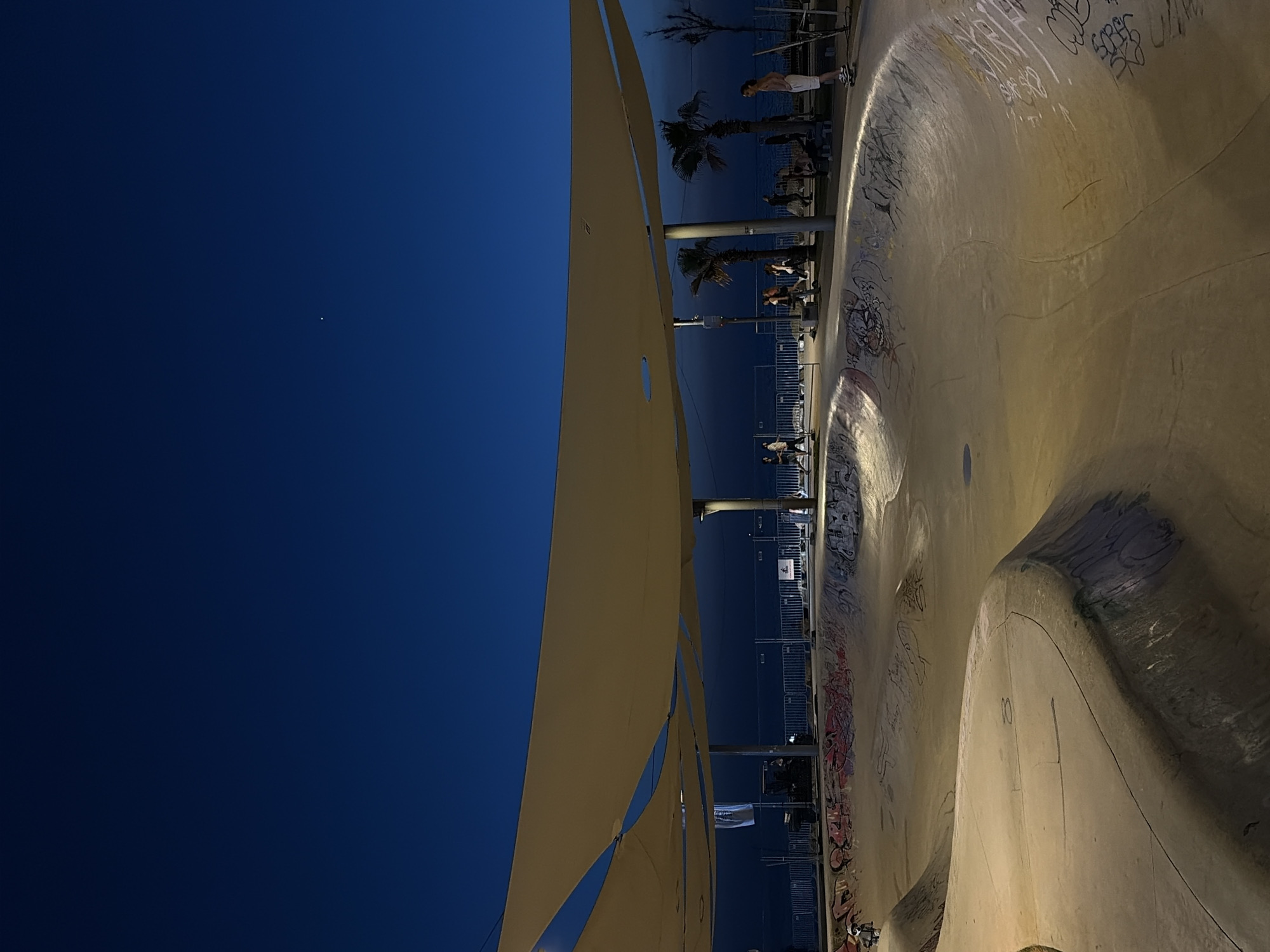 A nighttime scene shows the Tel Aviv Skatepark in Israel. The skatepark bowl, covered in graffiti, dominates the right side of the image. A shade structure with fabric panels is visible on the left, with dark blue sky beyond. People can be seen near the edge of the bowl and around the perimeter. Palm trees are visible. There is a metal fence running along the edge of the skatepark behind the shade structure.