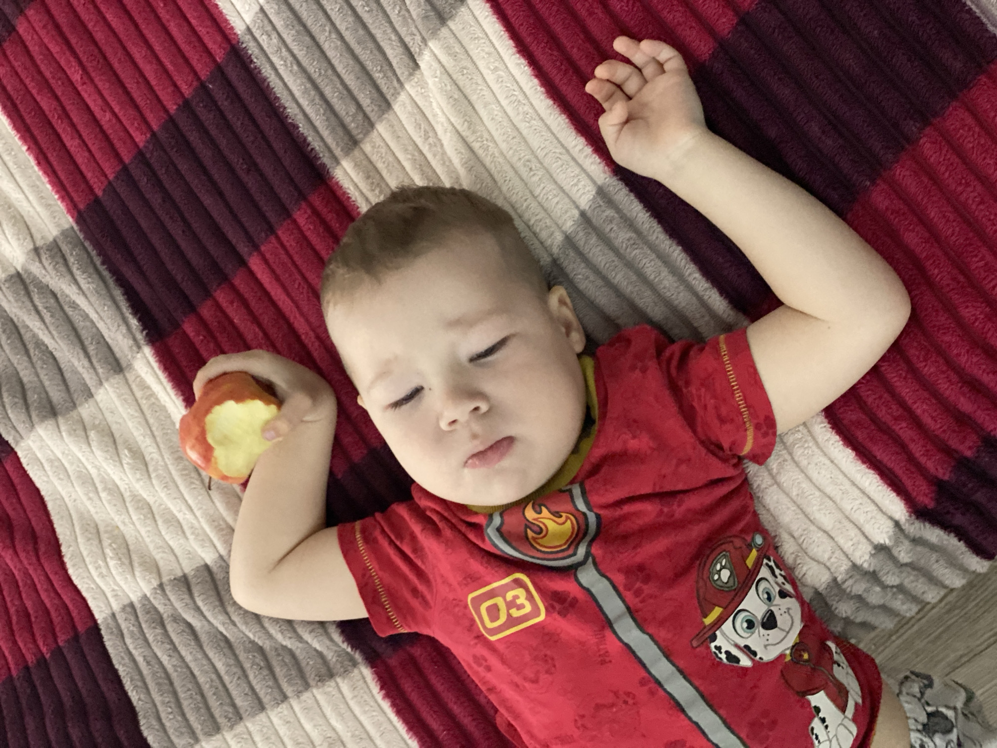 A young boy is asleep on a checkered blanket with a red and gray pattern. He is wearing a red shirt with a Paw Patrol character and the number 03 on it. His right arm is raised and his left arm is bent, holding a partially eaten apple. The location is unknown and cannot be identified as Sochi, Russia, from the visual data provided.