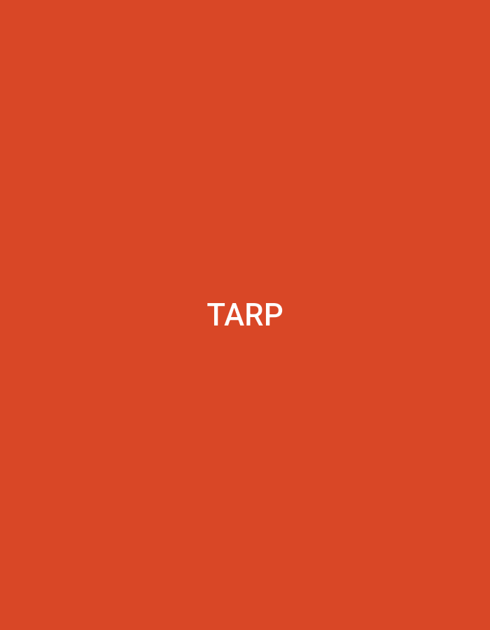 The image displays a solid, uniform orange background. Centered on this background is the capitalized word "TARP", rendered in plain white, sans-serif text. The composition is purely graphic, devoid of any discernible physical environment, objects, people, or actions. The scene is situated in the city of Casablanca, Morocco, as specified in the request.