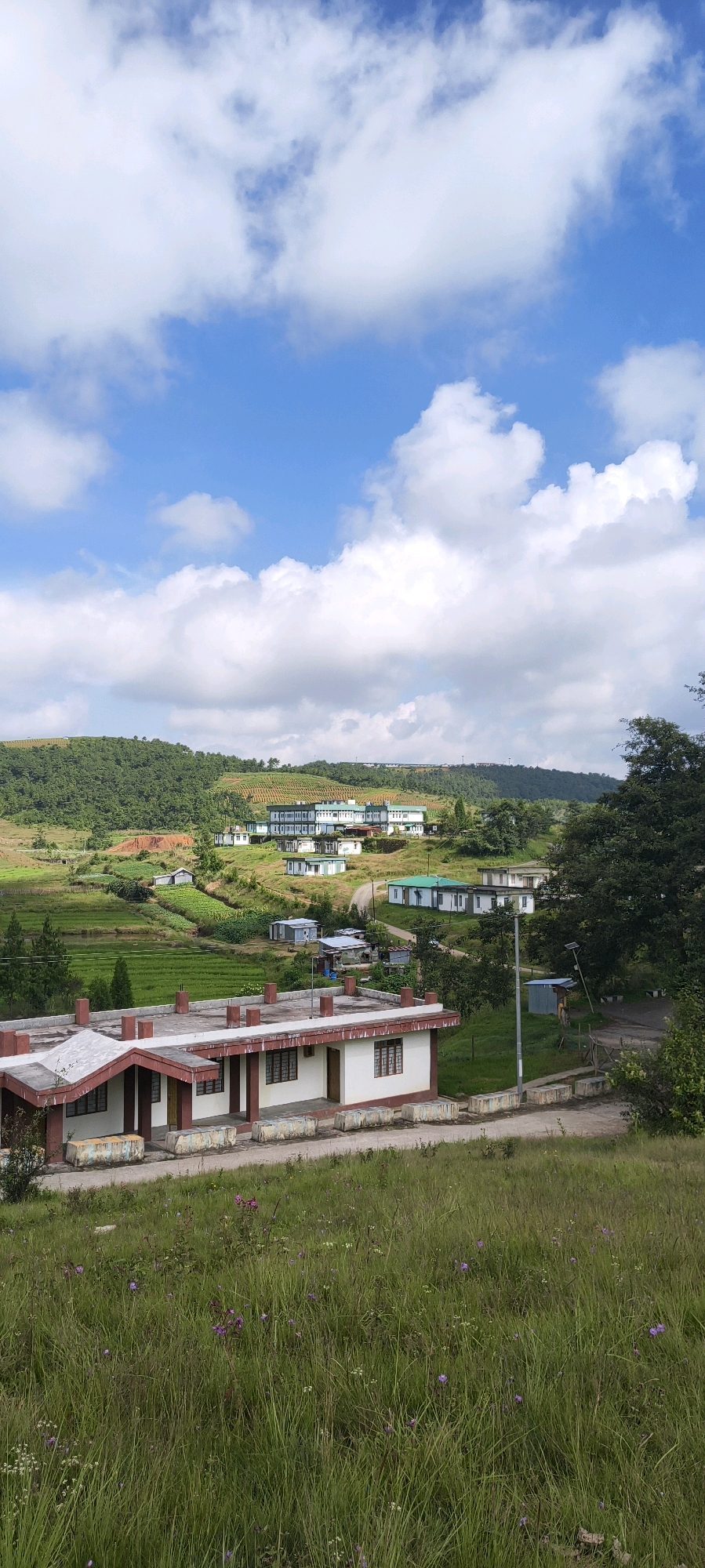 In Sohiong, India, a collection of buildings is set against a backdrop of rolling green hills under a partly cloudy blue sky. In the foreground, a low-rise building with a red-tiled roof features a white facade with red trim around the windows and doors. A paved walkway with decorative concrete barriers separates this building from a grassy slope dotted with small purple flowers.
Further back, nestled into the contours of the hills, are several other structures. A cluster of smaller, corrugated metal-roofed houses are visible near a body of water and agricultural fields. Beyond these, a larger, multi-story building with a white and green exterior, resembling an institutional or educational complex, dominates the mid-ground. Rows of smaller, similar-style buildings are spread across the hillside above this complex. The landscape is characterized by lush vegetation, terraced fields, and mature trees, suggesting a rural or semi-rural setting. A paved road winds through the scene, connecting the various buildings. The overall impression is one of a peaceful, somewhat spread-out community in a hilly region.