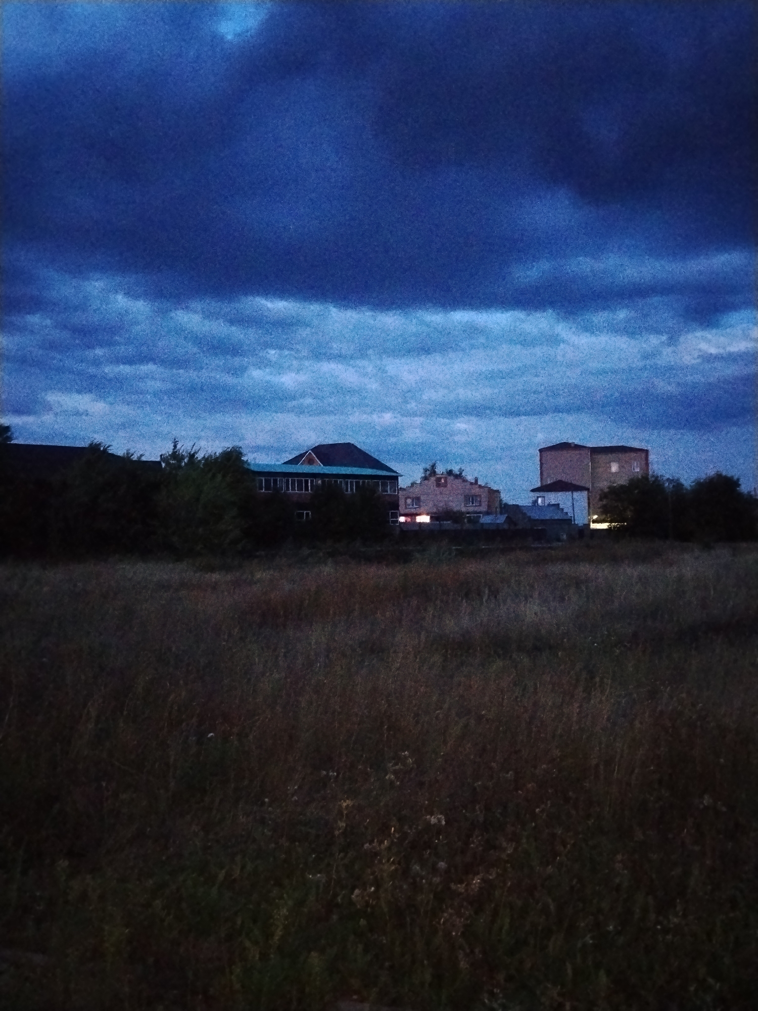 The image depicts a dark, overcast sky with heavy clouds casting a blue hue over a rural landscape. In the middle ground, several houses are visible, some with illuminated windows suggesting it is evening or night. The houses appear to be of various architectural styles. Dense foliage, possibly trees and bushes, is scattered between the houses and a field of tall, dry grass in the foreground. The overall scene is dimly lit, with the light source likely being the last vestiges of daylight or artificial lighting from the houses. The image does not provide specific clues to pinpoint its exact location within Kokshetau, Kazakhstan, but the rural setting with detached houses and open fields is characteristic of areas on the outskirts of the city. There are no people or animals visible in the frame.