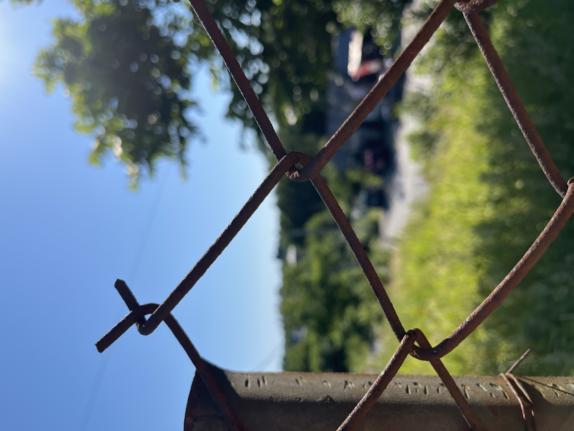 The image shows a close-up of a rusty chain-link fence in the foreground, with a blurred background of green foliage, buildings, and a bright blue sky. The fence post is on the left, and the chain-link mesh extends diagonally across the frame. The background suggests an outdoor, possibly semi-rural or suburban setting, with sunlight filtering through trees. The location is specified as ღრმაღელის თემი, Georgia. There are no people or specific actions depicted. The scene is a static, outdoor environment.