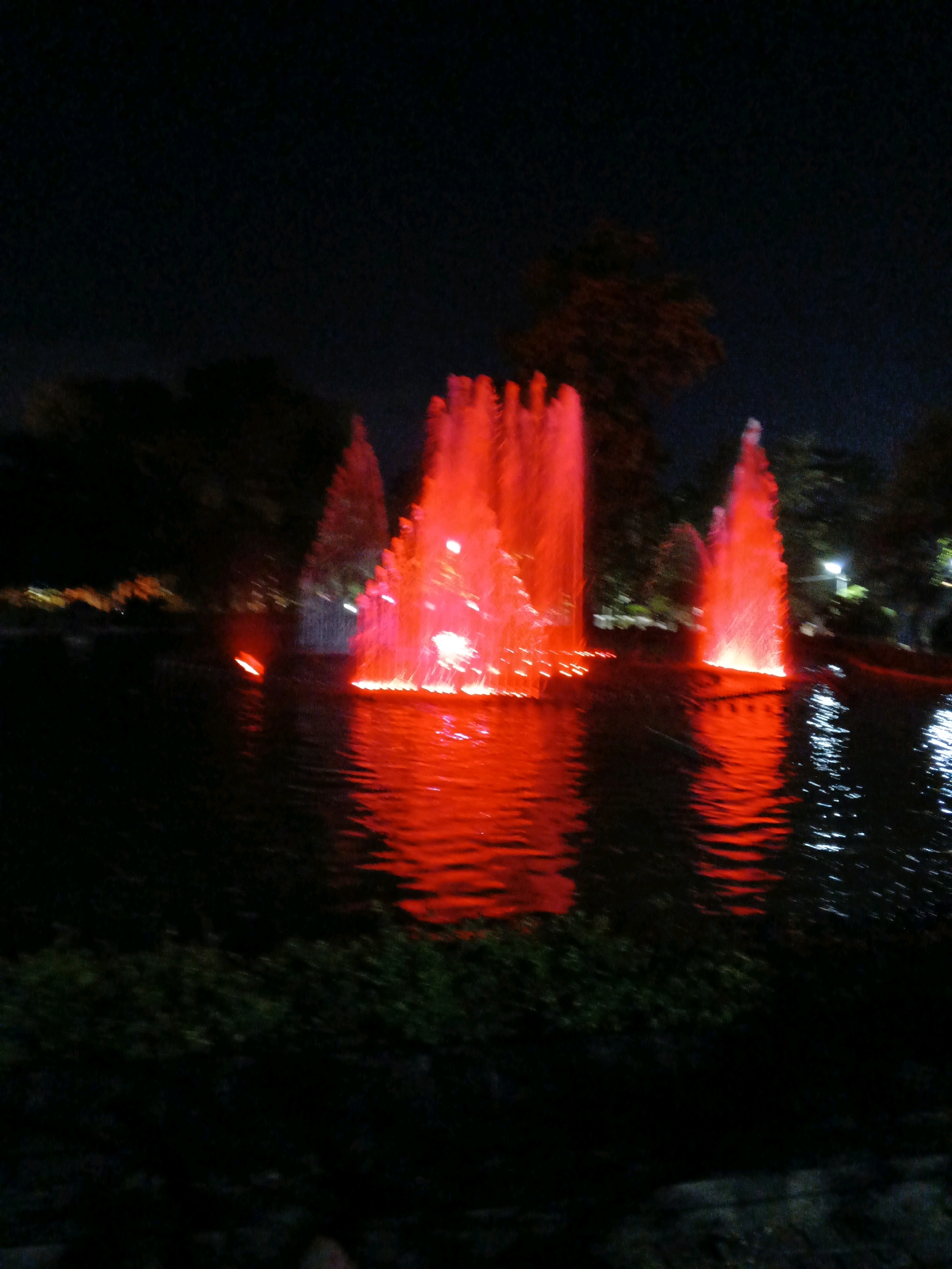 The image shows a night scene at a park in Denpasar, Indonesia, featuring illuminated fountains in a body of water. The fountains are lit with a vibrant red light, creating a dramatic and colorful display. The water reflects the red light, as well as white lights from distant sources. Lush green foliage borders the water's edge in the foreground. The background is dark, with silhouetted trees and distant urban lights suggesting the park is located within the city. The overall atmosphere is serene and magical, enhanced by the striking illumination of the water features.