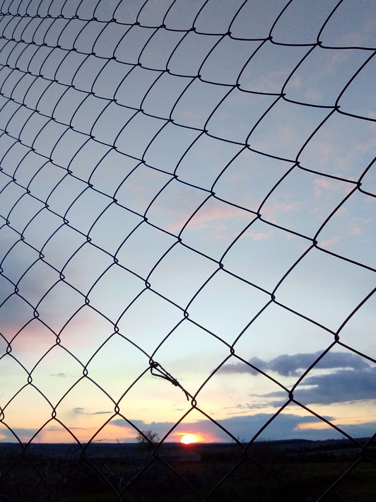 The image displays an outdoor scene at what appears to be either sunset or sunrise, viewed through the intricate pattern of a chain-link fence. The fence, rendered in dark silhouette, occupies the majority of the foreground, its diamond-shaped mesh creating a strong diagonal leading from the upper left towards the lower right. The individual wire strands are clearly visible, with a small piece of dark material or debris caught on one of the fence's lower intersections.
Behind the fence, the sky presents a soft gradient of colors characteristic of twilight. A bright, orange-red sun is partially visible near the horizon, casting warm light. This light illuminates the clouds above it with hues of soft orange, pink, and yellow. Higher in the sky, the colors transition to lighter blues and grays, with scattered, indistinct clouds appearing in various shades of gray and white, some denser than others.
Below the colorful sky and extending to the bottom edge of the frame, a dark, silhouetted landscape stretches across the horizon. This indistinct area suggests open land or distant vegetation. There are no people or discernible structures apart from the fence. The overall mood is contemplative, highlighting the contrast between the man-made barrier and the natural beauty of the sky. No text is visible in the media. The location context is Khlevnoye, Russia.