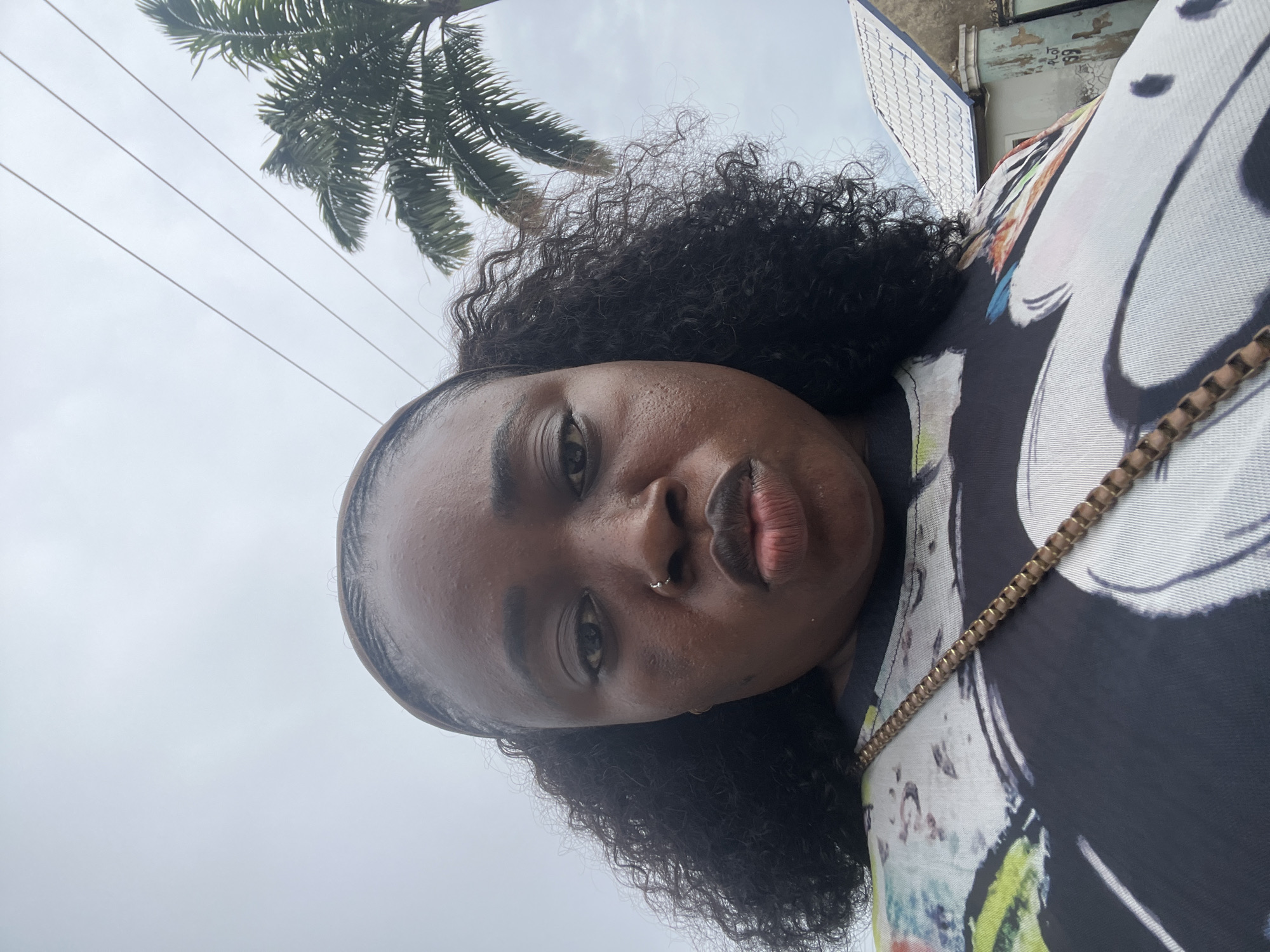 A medium close-up selfie shows a Black woman from the chest up, with a palm tree and cloudy sky in the background. The woman has dark, curly hair and is wearing a colorful t-shirt. Her lips are pursed, and she is looking directly at the camera. A gold chain purse strap is visible across her chest. In the background, a palm tree and a building with a white tiled roof are visible. The scene appears to be outdoors, possibly in a residential area.