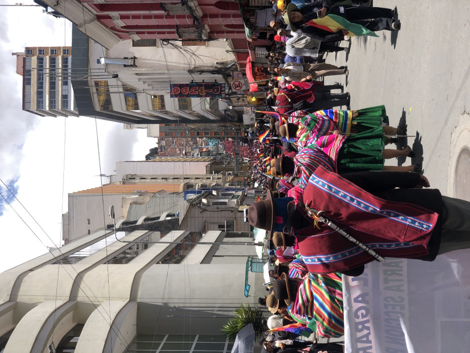 A street view showcases a large group of people marching in what appears to be a parade. Dressed in vibrant traditional attire, they fill the street, flanked by tall buildings on either side. The buildings exhibit a mix of architectural styles, from older, colorful structures to modern high-rises. The sky is overcast, providing soft lighting to the scene. The parade stretches into the distance, creating a sense of depth and scale.