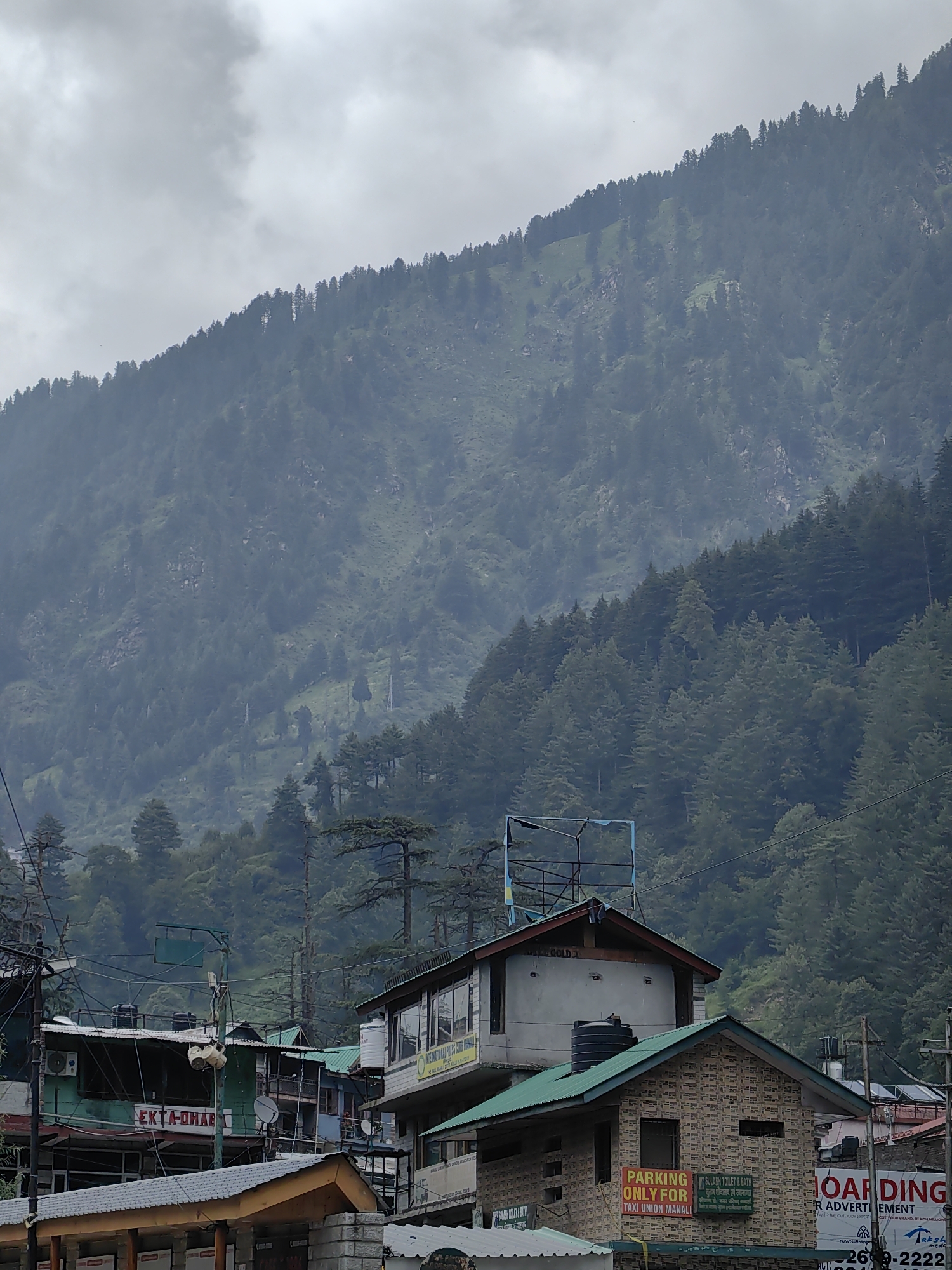 The image depicts a dense forest covering a steep mountain slope under a cloudy sky. In the foreground, there are several buildings with varied architectural styles, some appearing to be shops or guesthouses, typical of a commercial area in Manali, India. Signs on the buildings are visible, including one that says "EKTA-DHABA" in red lettering and another with "PARKING ONLY FOR TAXI UNION MANALI" in yellow and red. There are also utility poles and electrical wires crisscrossing the scene. The overall impression is of a bustling town nestled at the foot of a majestic, forested mountain.