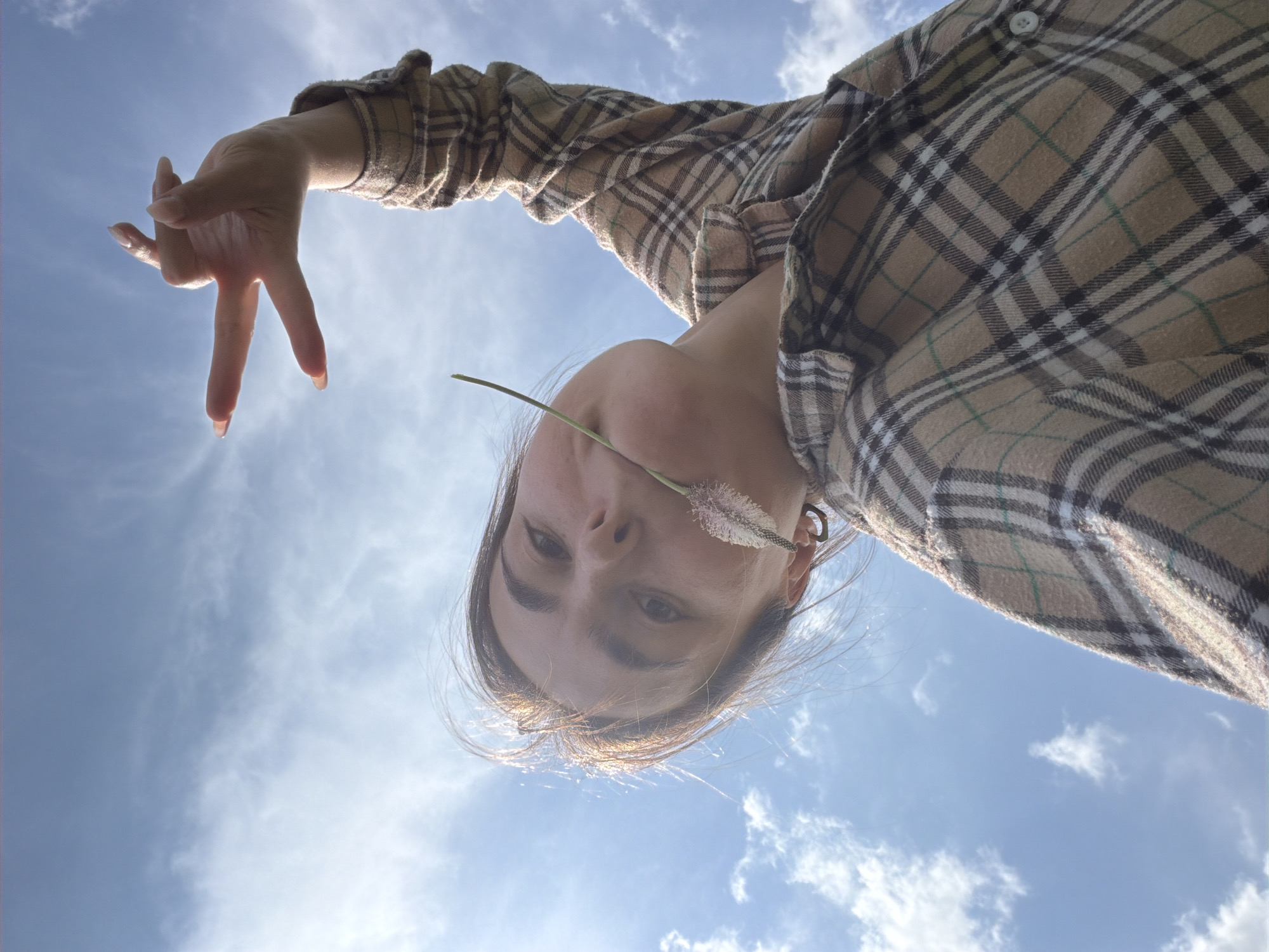 A young woman, with dark hair and brown eyes, is captured from a low-angle perspective, looking up at the sky. She is wearing a tan and brown plaid shirt. A long, thin stem with a fluffy, pinkish flower is held between her teeth. Her left hand is raised, with fingers spread in a gesture, against a bright blue sky with scattered white clouds. The scene appears to be outdoors, possibly in a grassy or field-like area, given the presence of the plant. No specific city or location details are visible in the image.