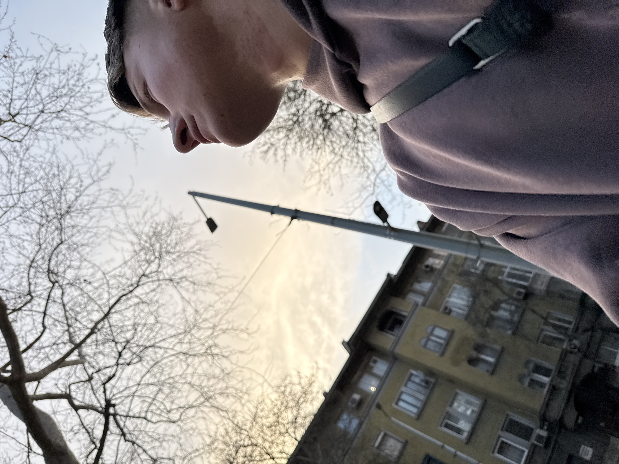 A low-angle shot reveals a person's face in the upper left, wearing a lavender hoodie with a grey strap visible on the shoulder. Behind the person, a bare-branched tree and a street lamp extend towards a pale sky. In the background, a yellow apartment building with numerous windows can be seen. The photograph appears to have been taken somewhere in the city of Plovdiv, Bulgaria.