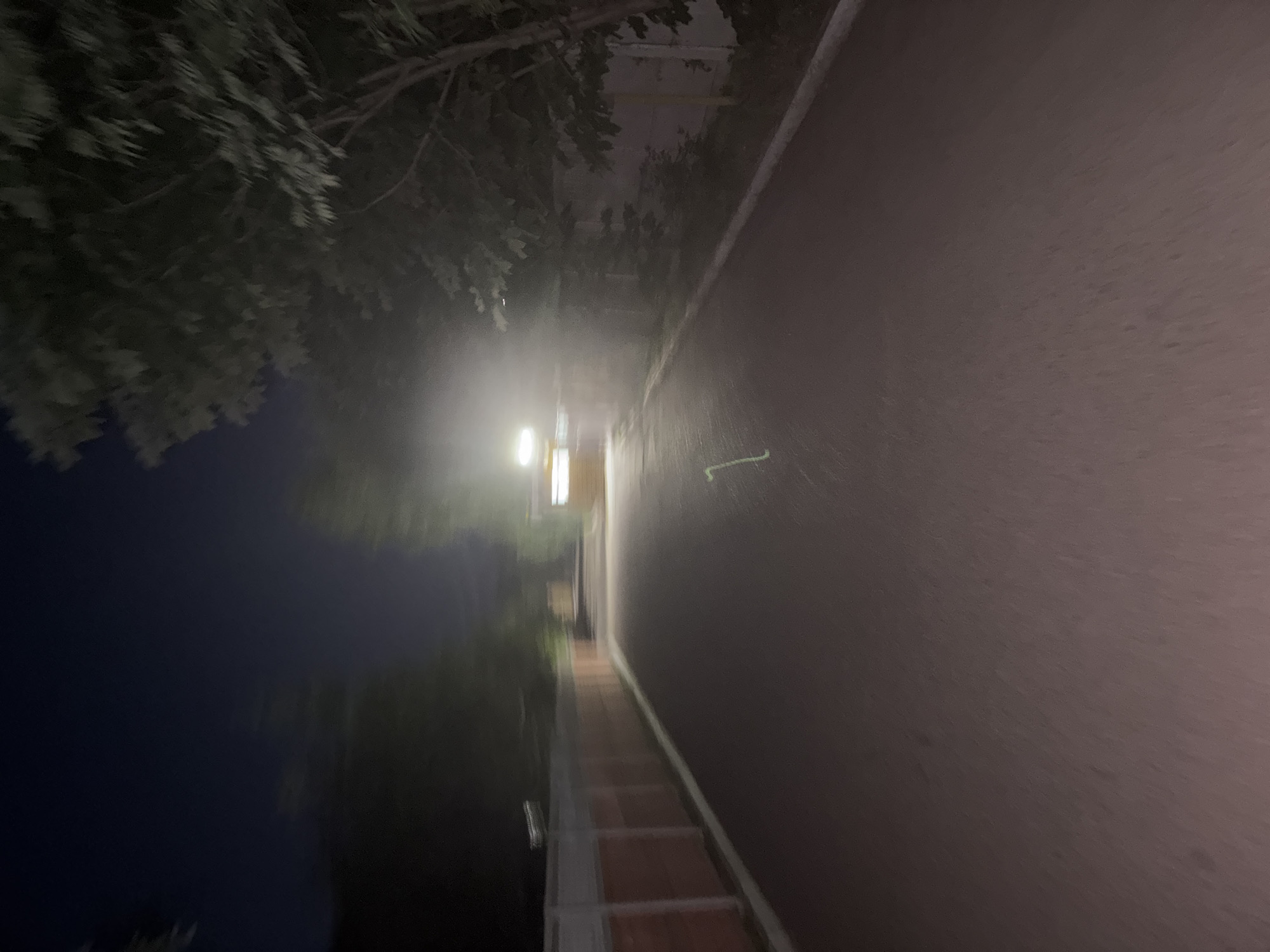 The image depicts a dark, possibly foggy, asphalt road at night. A fence made of horizontal wooden planks is visible on the left side of the road, with vertical posts supporting it. On the right side, trees with dense foliage are present, and some of their branches extend over the road. In the distance, a bright light source, possibly a street lamp or building illumination, creates a hazy glow. There is a faint green marking on the road surface. The overall impression is one of an empty, dimly lit street or pathway. The location is not identifiable as Orekhovka, Russia from the visual information provided.