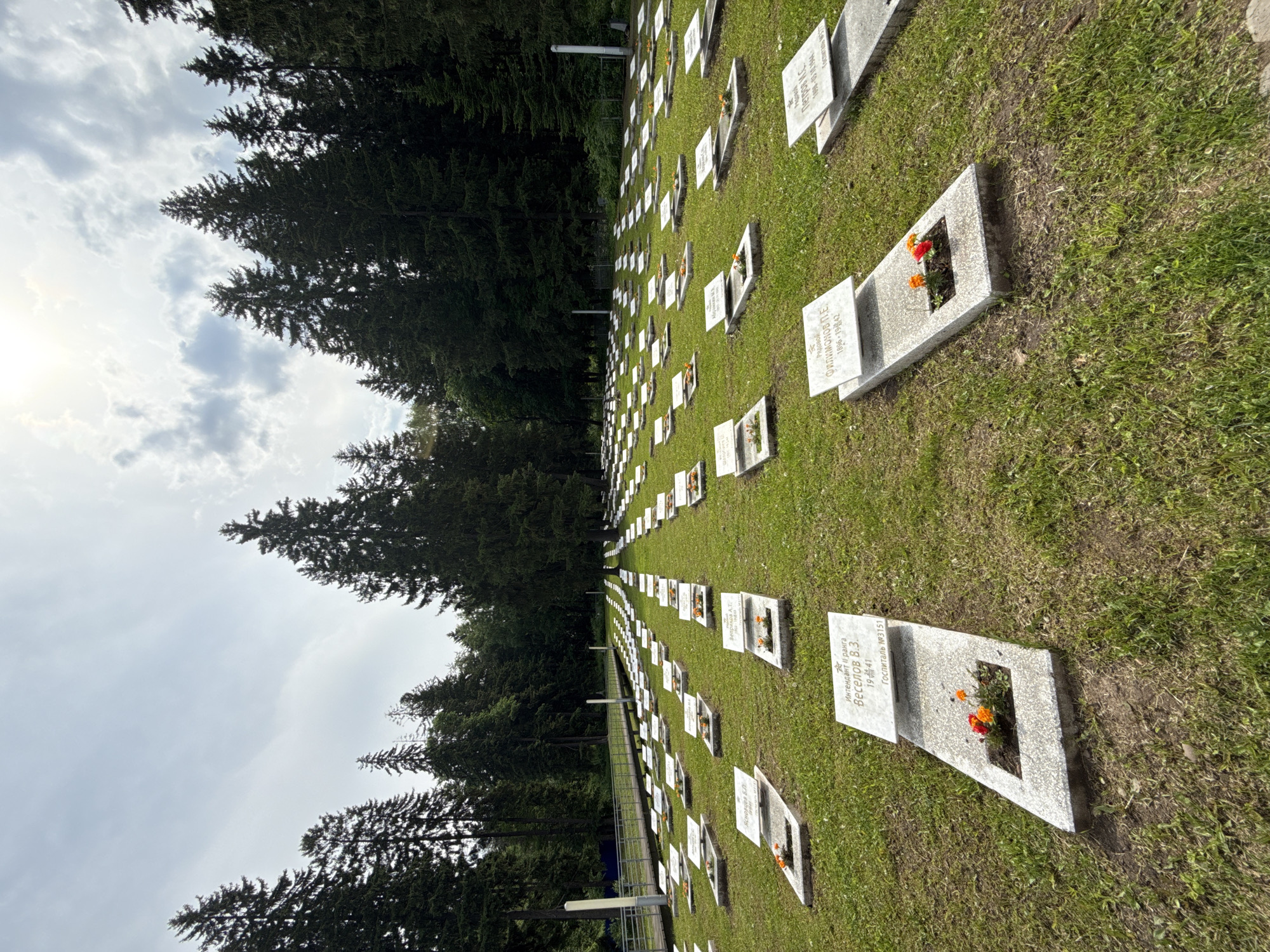 The image captures a solemn military cemetery or war memorial in Izhevsk, Russia, on a cloudy but bright day. Numerous uniform, rectangular white gravestones are neatly arranged in long, orderly rows across a vibrant green, grassy field, extending into the background. Many of these gravestones feature a small recessed area containing small, colorful flowers, predominantly orange and red marigolds, providing a touch of life against the white stone.
Tall, dark green coniferous trees, likely firs or pines, line the distant edge of the cemetery, their dense foliage forming a dark barrier against the bright, overcast sky. The sky itself is filled with soft, scattered clouds, with a discernible bright area suggesting the location of the sun. The scene evokes a sense of peaceful remembrance and honor for the fallen.
Several gravestones display visible Cyrillic text. One reads: "Интендант 1 ранга Веселов В.З. 1941 Госпиталь №3151" (Intendant 1st rank Veselov V.Z., 1941, Hospital No. 3151), indicating a military logistics officer. Another states: "Рядовой Филимонов П.Е. 1896-1942" (Private Filimonov P.E., 1896-1942), giving birth and death years. A third inscription identifies: "Петров И.С. 1898-03-10 1944 Госпиталь №1213" (Petrov I.S., 1898-March 10, 1944, Hospital No. 1213), providing a specific death date and hospital reference. The repeated mention of hospitals and the dates suggest these are graves of individuals who died during wartime, likely World War II.