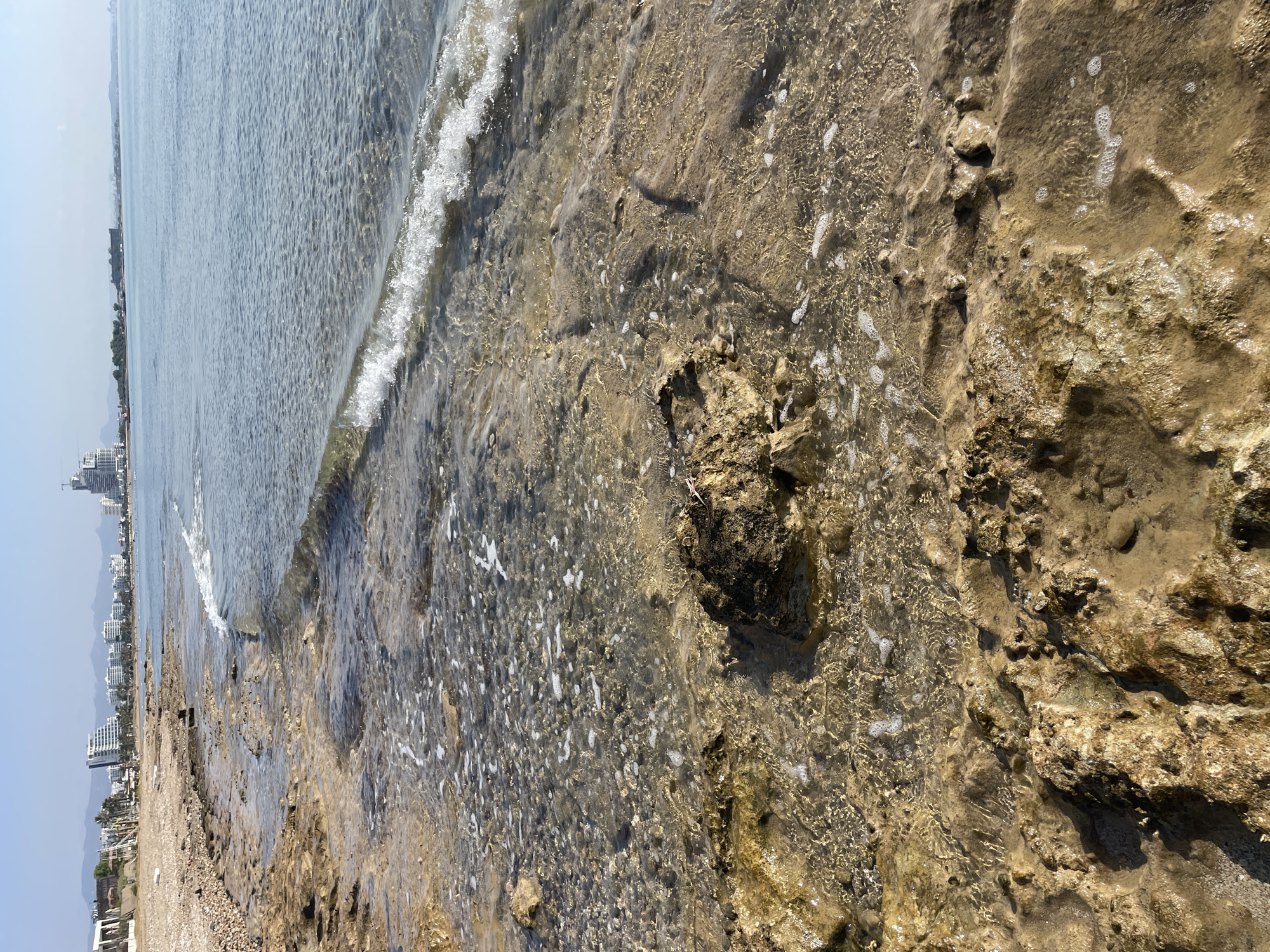 The image depicts a shallow ocean shoreline with clear, calm water lapping over rocky, sandy terrain. In the foreground, wet, textured rocks are partially submerged in the water, with small white bubbles of foam scattered across the surface. The water is translucent, revealing the seabed beneath. A gentle wave breaks on the shore in the middle ground. In the background, a long stretch of beach is visible, lined with pebbles and some scattered white debris. Beyond the beach, a city skyline rises with numerous modern buildings and a tall, slender skyscraper. The sky is a clear, pale blue. The scene is devoid of people. The location is the coast of Spathariko, Northern Cyprus.
