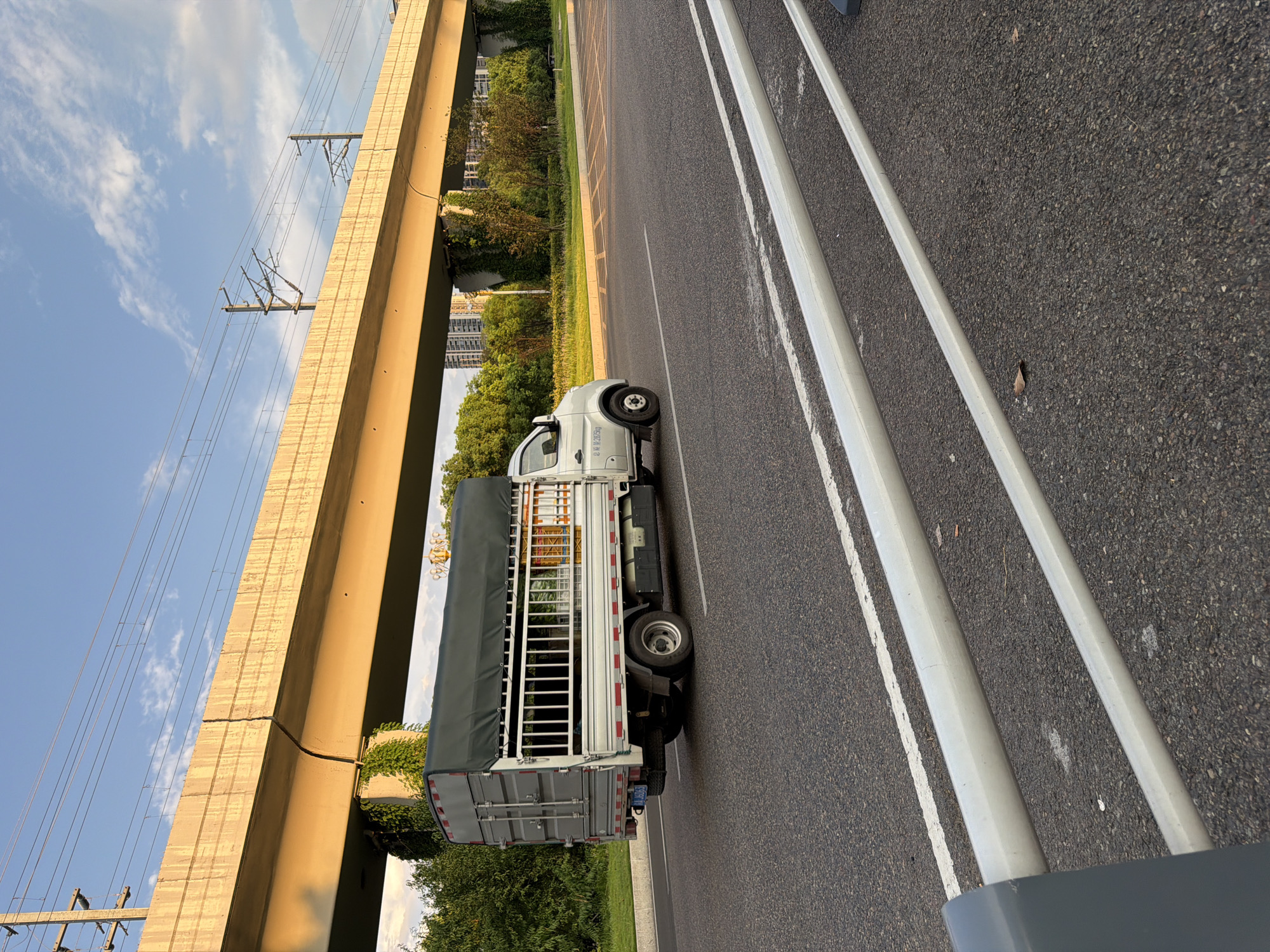 A light-colored truck with a cage-like cargo area covered by a dark tarp is driving on a paved road. The truck has a license plate that reads "A 506J3". In the background, a concrete overpass with electrical wires runs overhead. Trees and buildings are visible behind the overpass. The sky is blue with scattered clouds. The image appears to be taken during the late afternoon or early evening. The location is Jiangjin District, Chongqing, China.