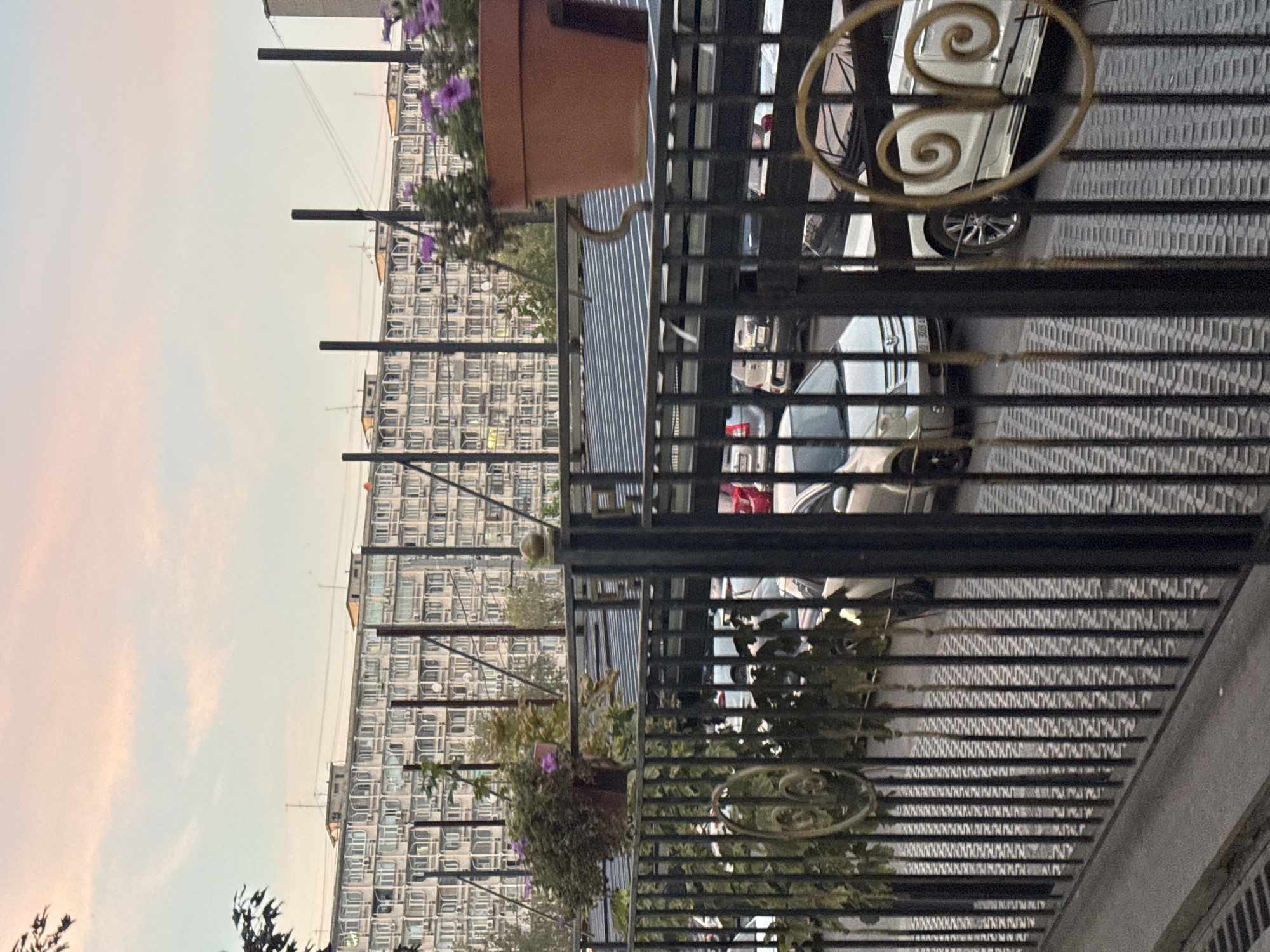 An outdoor, medium shot captures a view through a black metal fence looking towards a long, multi-story apartment building in Bishkek, Kyrgyzstan. The sky above is a pale pink and blue, suggesting it is either dawn or dusk. The apartment building, a pale color with numerous identical windows and balconies, stretches across the background. In front of the building, several cars are parked under a covered structure. A large terracotta pot with purple flowers sits on the top of the fence on the right side of the image, and another smaller pot with greenery is visible on the left, also hanging on the fence. The fence itself is made of vertical black metal bars with a decorative swirling metal element visible on the right side. The ground in the foreground appears to be paved with interlocking stones.