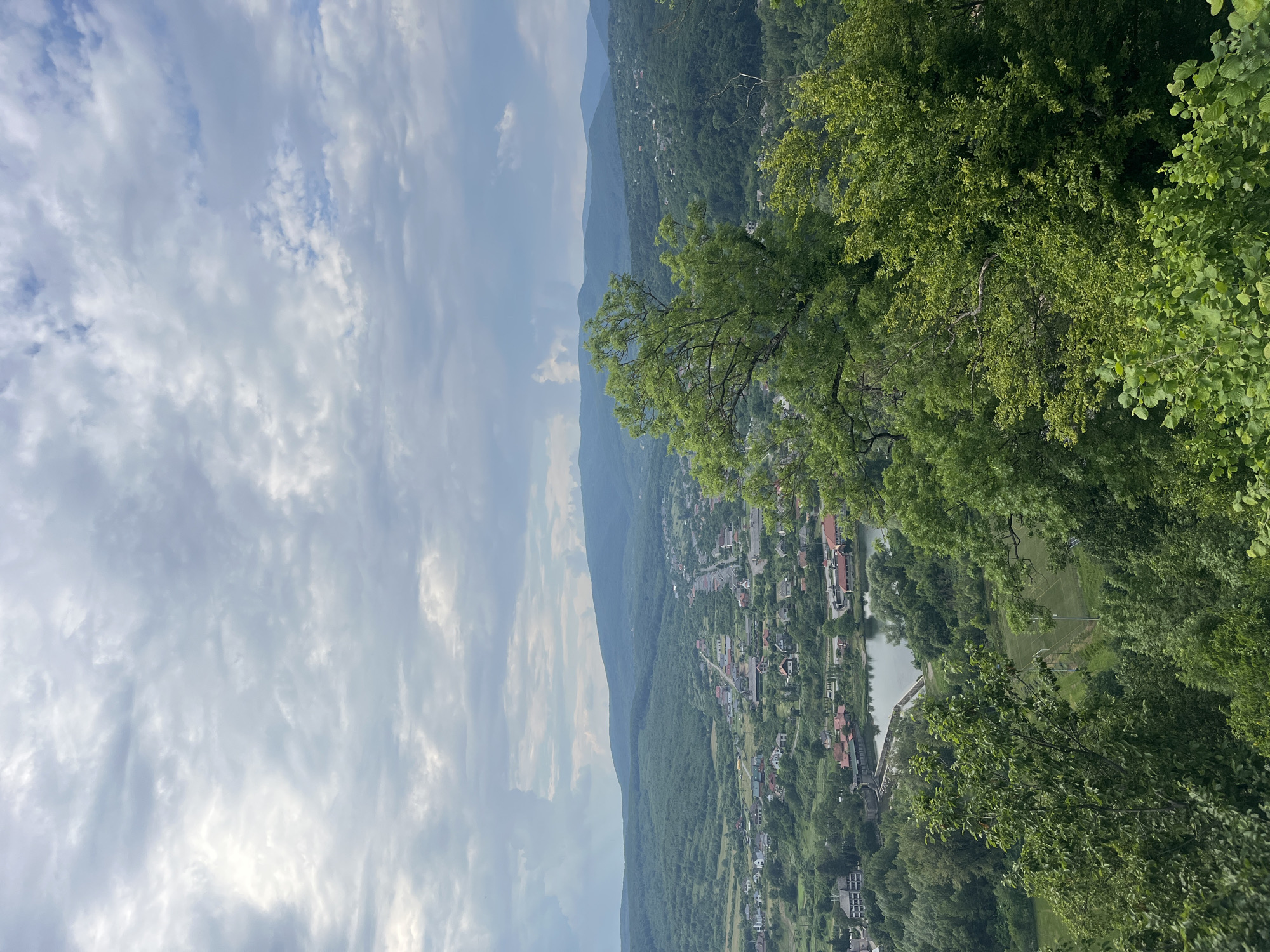 The image captures a panoramic landscape view, taken from a high vantage point overlooking a verdant valley in what appears to be a mountainous region, consistent with Kamianytsia, Ukraine. The sky occupies the upper portion of the frame, filled with soft, scattered clouds ranging from white to light grey, suggesting an overcast yet bright daytime.
In the distance, layers of hazy, blue-green mountains form the horizon, their slopes thickly covered with dense forest. Closer to the foreground, a sprawling town or village is nestled within the valley. Numerous houses, many featuring distinct red or dark-colored roofs, are visible amidst abundant greenery. A road or series of paths winds through the settlement. A prominent body of water, likely a river or a large pond, flows through the valley floor, bordered by buildings and lush banks. One specific crop indicates the presence of a green field, possibly a sports ground, situated near this water feature.
The immediate foreground is dominated by vibrant green foliage from trees, with branches and leaves partially obscuring the lower and side views, suggesting the viewpoint is from a wooded elevation. No specific individuals or activities are discernible within the scene. The overall impression is one of peaceful natural beauty, with human habitation harmoniously integrated into the lush, mountainous landscape. There is no visible text in the image. The time of day appears to be daytime, possibly late morning or early afternoon, with mild weather conditions indicative of late spring or summer.