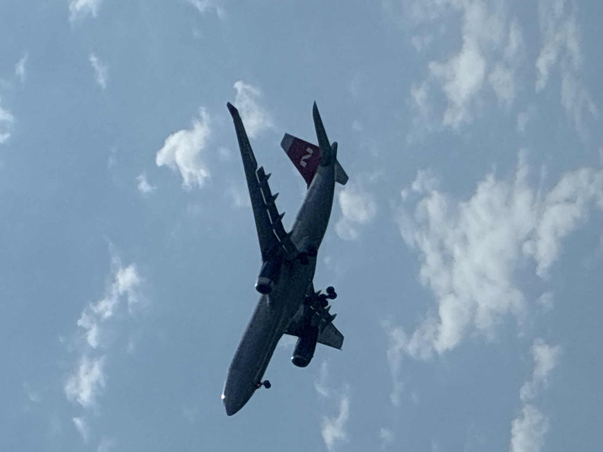 An airplane is captured in mid-flight against a backdrop of a blue sky filled with white, puffy clouds. The airplane, appearing to be a commercial jet, is angled slightly upwards and to the left of the frame, with its landing gear deployed, suggesting it is either preparing for landing or has just taken off. The aircraft is predominantly grey, with red accents on its tail fin which feature a stylized "N" logo. The engines are visible under the wings, and the windows are small and dark. The overall scene is an aerial view of an aircraft in motion, with the sky and clouds forming the environment. The location of Sirius, Russia, is not depicted in this image.
