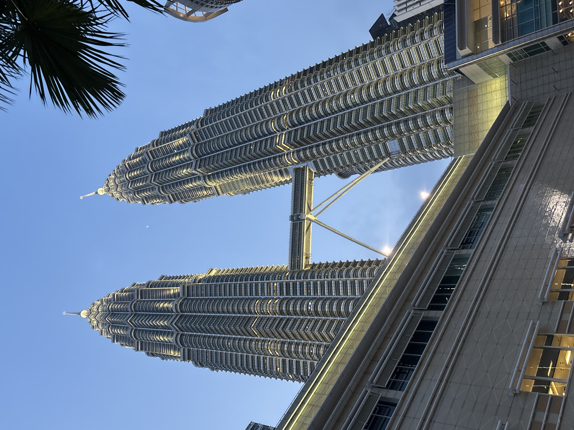 The image showcases the iconic Petronas Twin Towers in Kuala Lumpur, Malaysia, at dusk. The towers, illuminated by lights, stand tall against a clear, pale blue sky. A slender crescent moon is visible in the sky. The foreground features a modern building with large windows reflecting the surrounding lights and architecture. A section of a palm frond is visible in the upper right corner, suggesting a tropical setting. The perspective is a low-angle shot, emphasizing the grandeur and height of the skyscrapers. The sky suggests the transition from day to night, with the lights on the buildings already active. There are no people visible in the image.