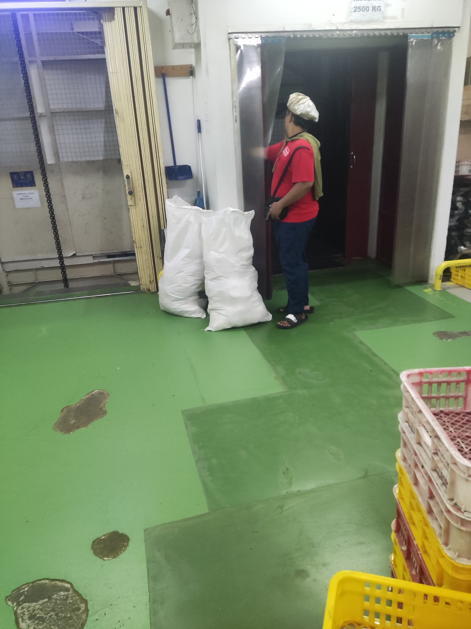 A person wearing a red shirt, dark blue pants, and a white hairnet stands in a room with a green floor. They are facing a doorway with plastic strips. Two large white sacks are on the floor to the left of the person. To the right, there are stacks of yellow and pink plastic crates. The background shows industrial equipment, including a chain and a folded metal door. The ceiling has a sign that reads "2500 KG". The scene appears to be a loading dock or warehouse area.