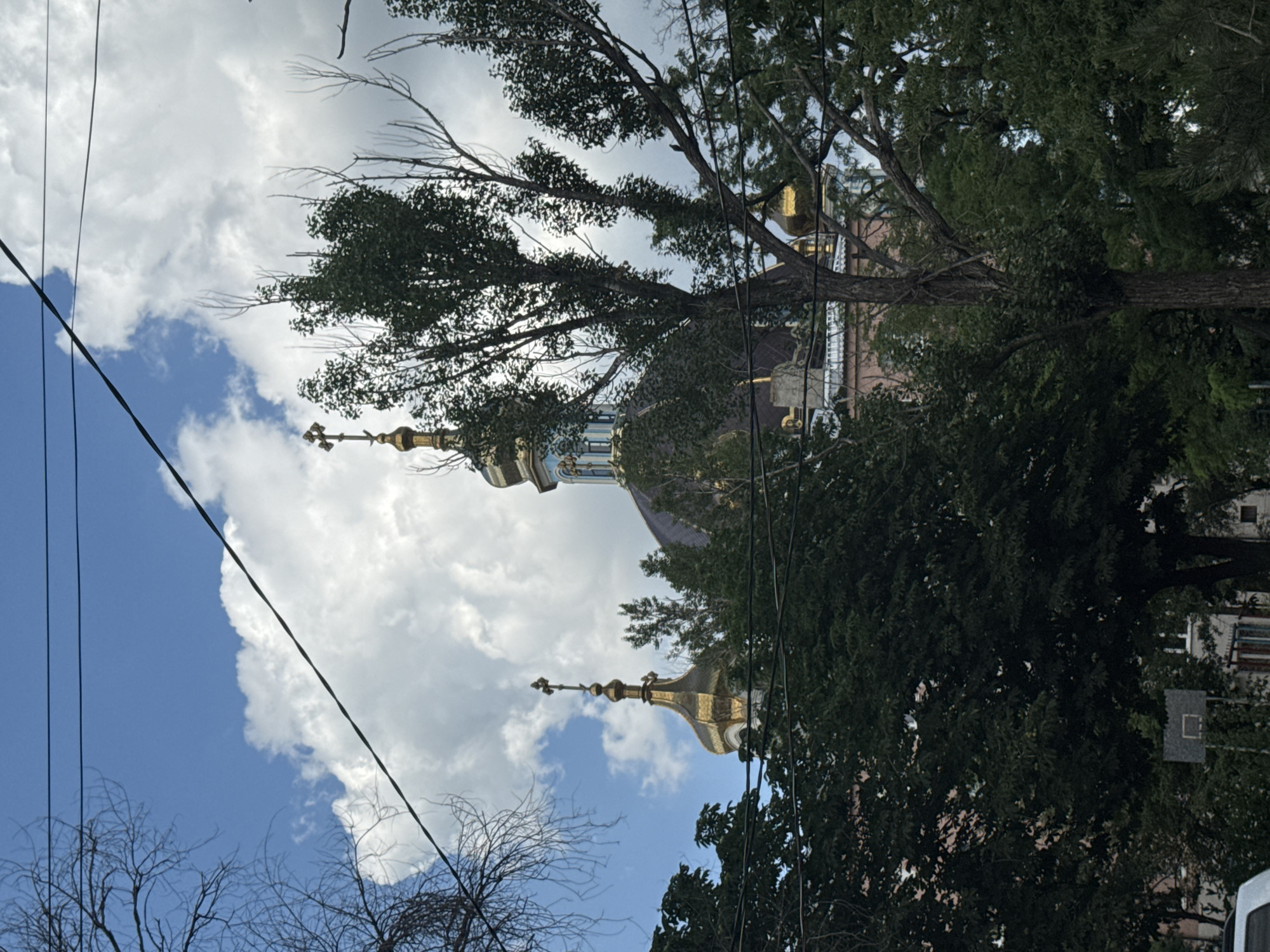 The image depicts a view of the sky with trees and part of a building. Dominating the scene are two golden domes, characteristic of Orthodox churches, topped with crosses. One dome is more visible, rising from behind a canopy of green leaves. The other dome is partially obscured by the foliage. The sky is a mix of bright blue and white clouds, suggesting it is daytime. Several dark, thin power lines are strung across the frame, intersecting the sky and foliage. The trees are lush with green leaves, indicating a warm season. In the background, behind the trees and domes, parts of buildings with windows are visible. The overall impression is a daytime scene in an urban or semi-urban environment, with religious architecture peeking through the natural landscape. There is no text visible in the image.