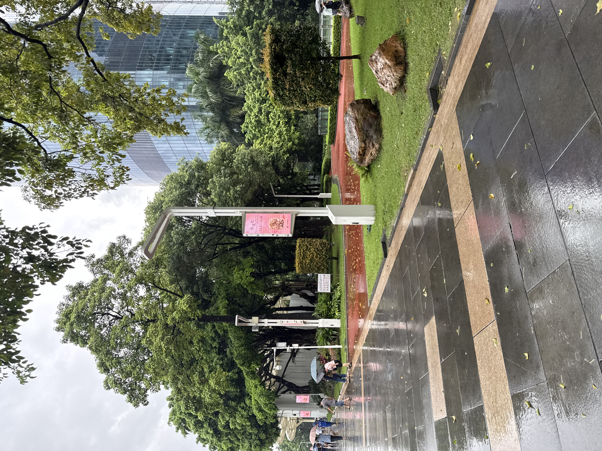 In Tianhe District, China, on a rainy day, a paved walkway with dark grey and tan tiles, wet and reflective from the rain, leads into a park. Scattered yellow leaves rest on the wet pavement. To the right of the walkway, a well-maintained green lawn features two large, natural-looking rocks, one larger and darker than the other. Further into the park, a bright red, cushioned running track is visible. A neatly trimmed, square-shaped tree stands on the lawn. In the background, lush green trees, including palm trees, provide a dense canopy. A modern, glass-fronted skyscraper rises in the distance, its reflective facade partially obscured by the foliage. Several people, some holding umbrellas, are walking along the wet pathway. A tall, white lamppost with a digital display screen mounted on it stands near the walkway. The sky is overcast and cloudy.
