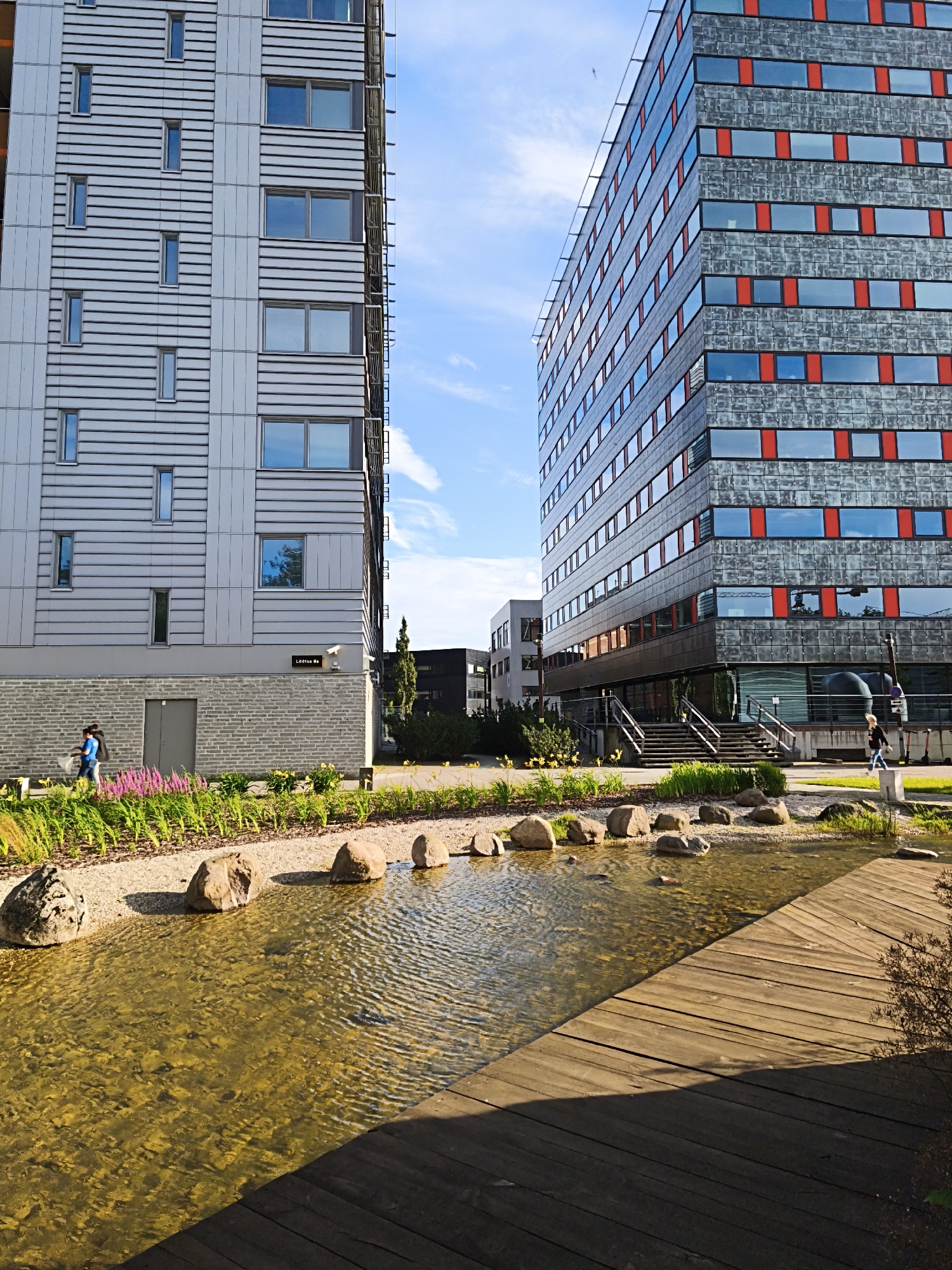 The image depicts a modern urban landscape in Tallinn, Estonia. On the left, a tall, light-colored building with a facade of horizontal white panels and numerous narrow windows is visible. To the right, a larger, taller building with a dark gray and glass facade, punctuated by rows of red rectangular accents, dominates the scene. In the foreground, a shallow body of water with a rocky bottom and ripples is present, bordered by a wooden deck on the right and a gravel path with various rocks and plants on the left. Green reeds and pink and yellow flowers grow along the path. Two individuals are walking near the building on the left, one wearing a blue shirt and the other a light-colored outfit. Another person is seen walking near the building on the right. The sky above is blue with some scattered white clouds.