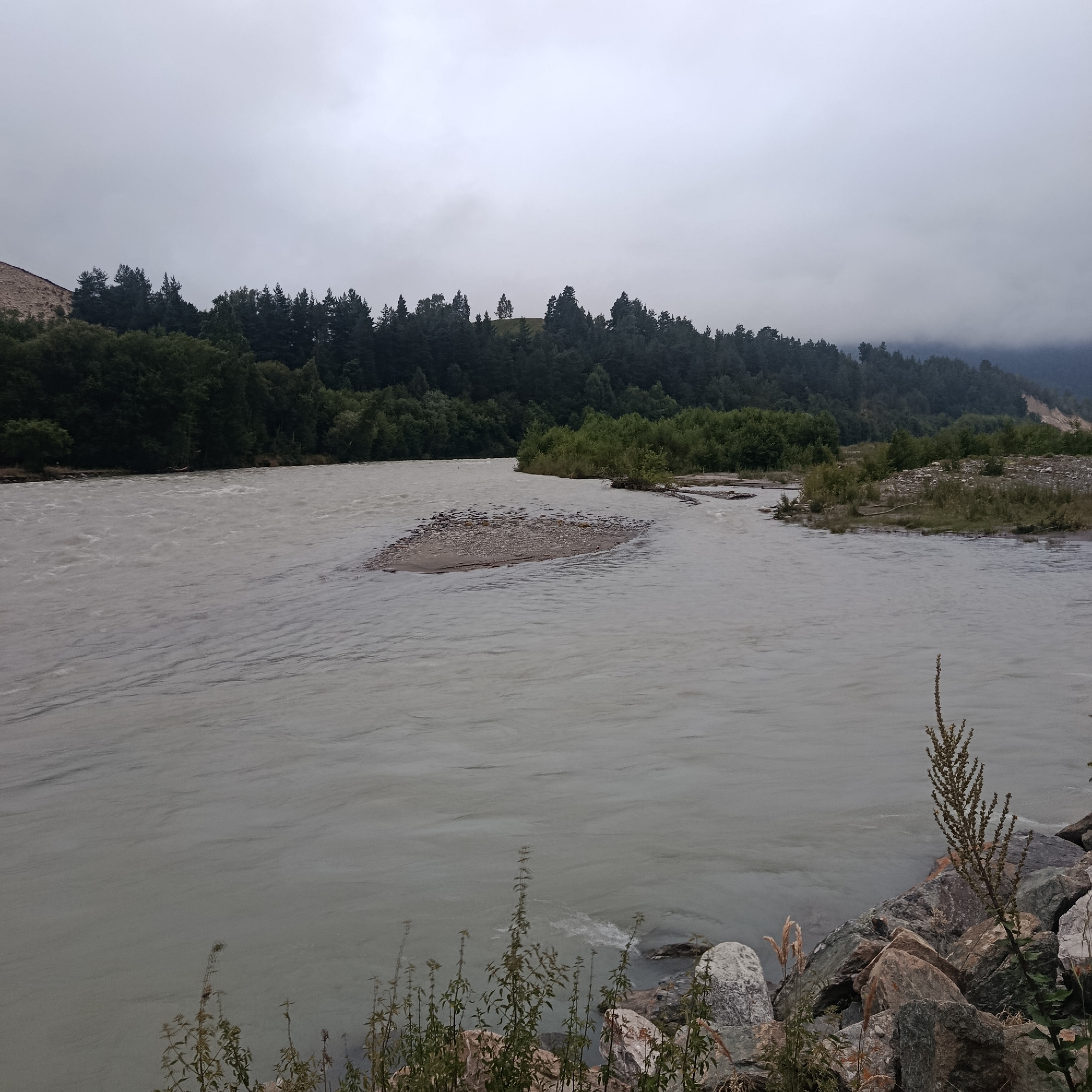 The image shows a wide, murky river flowing through a landscape dominated by trees and a cloudy sky. In the foreground, a rocky bank with some dry vegetation lines the right side of the river. The river itself appears to be swift-moving, with visible ripples and currents. A small, sandy island with pebbles is situated in the middle of the river.
In the background, a dense forest of dark green trees stretches across the horizon. Beyond the trees, the sky is overcast with heavy, gray clouds, suggesting a cool or rainy day. To the left of the forested area, a light-colored, sloped embankment, possibly made of earth or loose rock, is visible.
While the specific location within Teberda, Russia is not definitively identifiable from the image alone, it depicts a natural, riparian environment typical of mountainous regions. There are no people, animals, or structures immediately apparent in the scene. The overall mood is somber and natural.