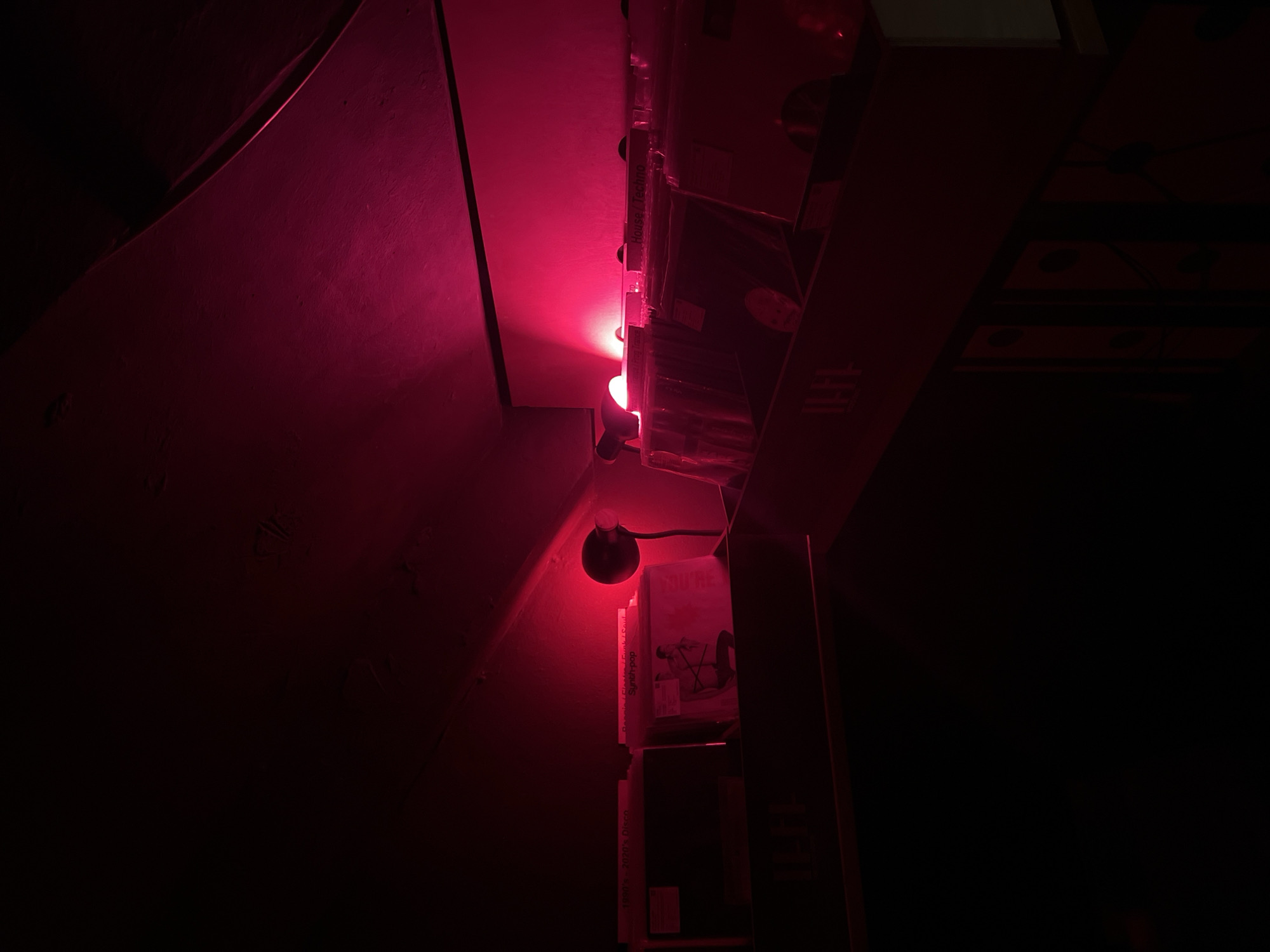 The image depicts a dimly lit shelf containing several vinyl records, bathed in a vibrant pink or red light emanating from an unseen source. A small, adjustable spotlight is visible, aimed towards the records. The records are organized in crates, with some of the labels partially legible, indicating genres like "Synth-pop" and "House / Techno." The overall impression is one of a record collection in a dark, atmospheric setting, possibly a music store or a personal collection space. The scene is devoid of people, suggesting a static, observational capture. The location of Sofia, Bulgaria, does not appear to be represented in the visual information present in the image.