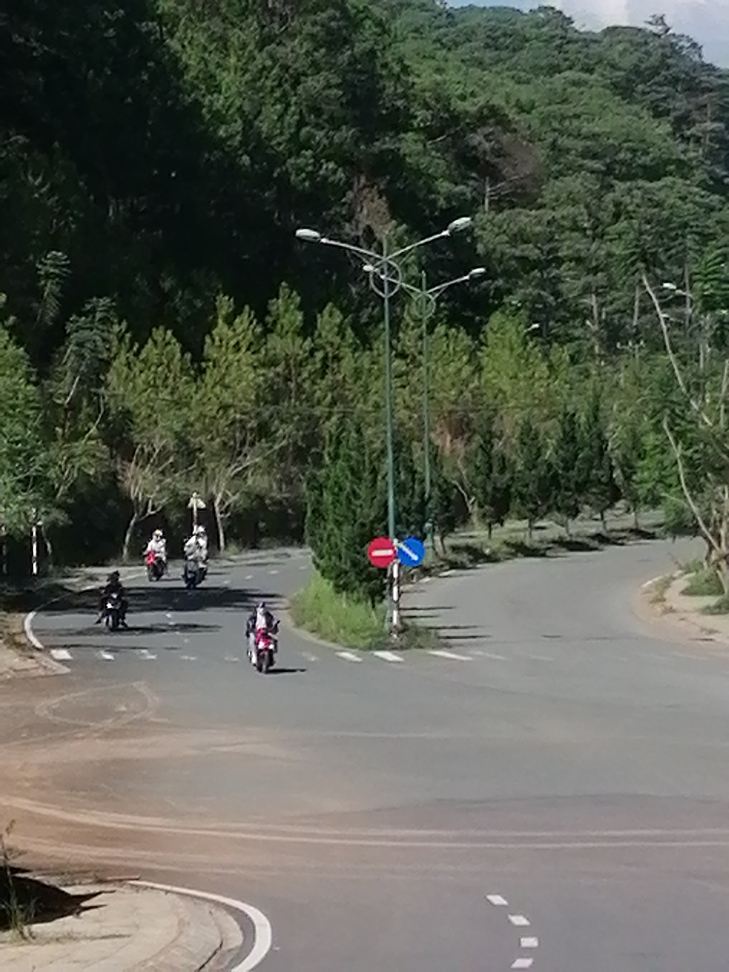 In Da Lat, Vietnam, on a paved, multi-lane road winding through a forested, hilly landscape, several individuals are seen riding motorcycles. The road has white lane markings. On the left side of the road, there are traffic signs, one circular red and white sign indicating no entry, and another blue sign. The road curves to the right as it ascends a hill. The surrounding environment is dominated by dense green trees, with some areas of exposed soil and grass on the slopes. The lighting suggests it is daytime, with shadows cast by the trees and vehicles.