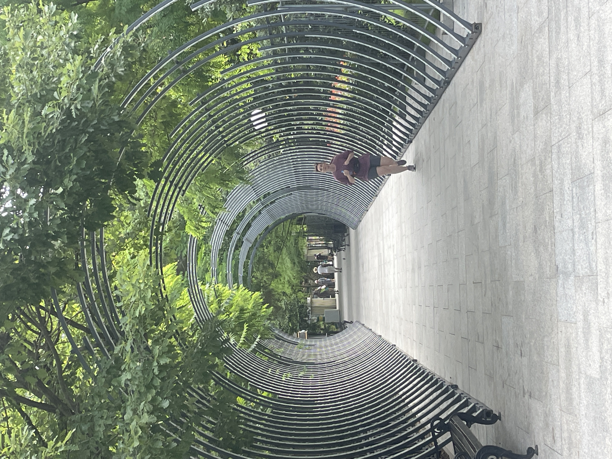 The image depicts a walkway through a treed area, featuring a tunnel-like structure formed by concentric metal arches. A woman is jogging towards the camera on the paved walkway, wearing a maroon t-shirt and dark shorts, holding a water bottle. In the background, several people are walking away from the camera. Benches are visible along the sides of the walkway. Lush green trees with dense foliage overhang the pathway, creating a canopy. The ground is paved with light-colored rectangular tiles. This scene is located in Sochi, Russia, specifically within the Arboretum park, a prominent botanical garden.