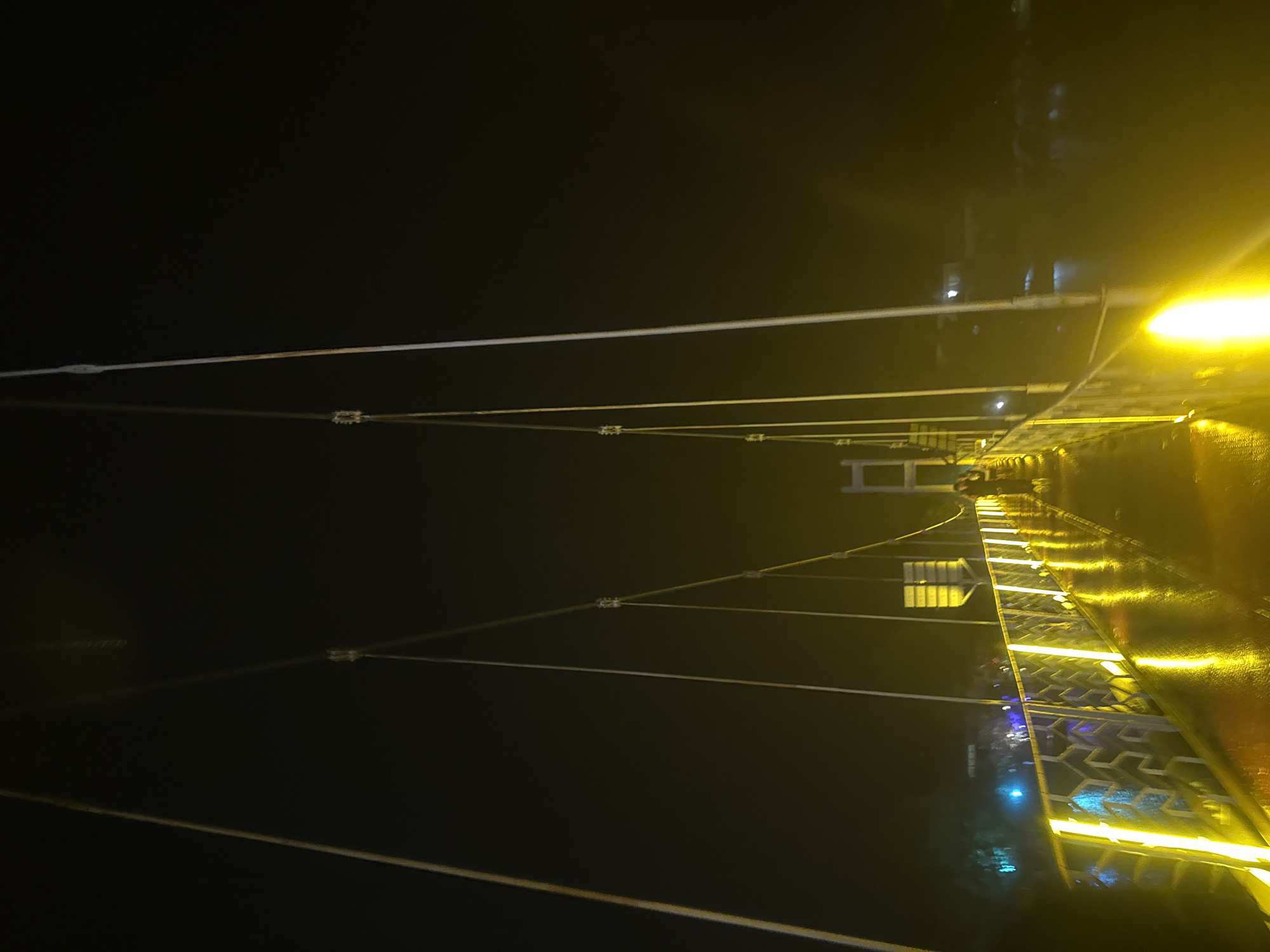 The image depicts a suspension bridge at night, illuminated by yellow lights. The bridge has a railing with decorative patterns, and the walkway appears wet, reflecting the lights. Two people are visible on the bridge, one walking further down and another standing near the railing. In the background, there are more lights suggesting the presence of a city or town, and dark water is visible to the right. The overall atmosphere is dark with prominent artificial lighting. The bridge is located in the city of Poti, Georgia, and is a prominent landmark.